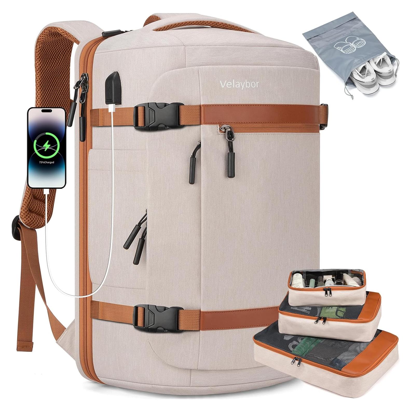 Mochila de Viaje 42L Velaybor con Cubos de Empaque y USB Beige