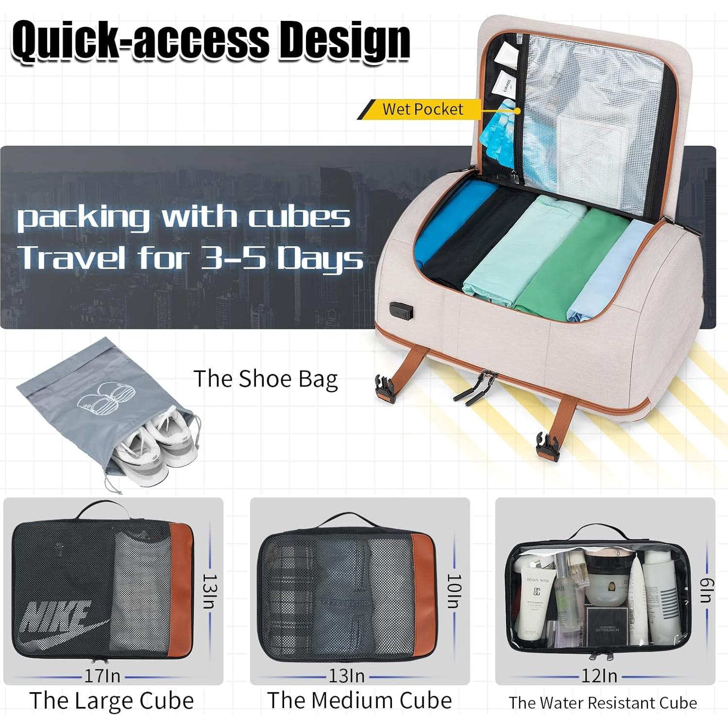 Mochila de Viaje 42L Velaybor con Cubos de Empaque y USB Beige