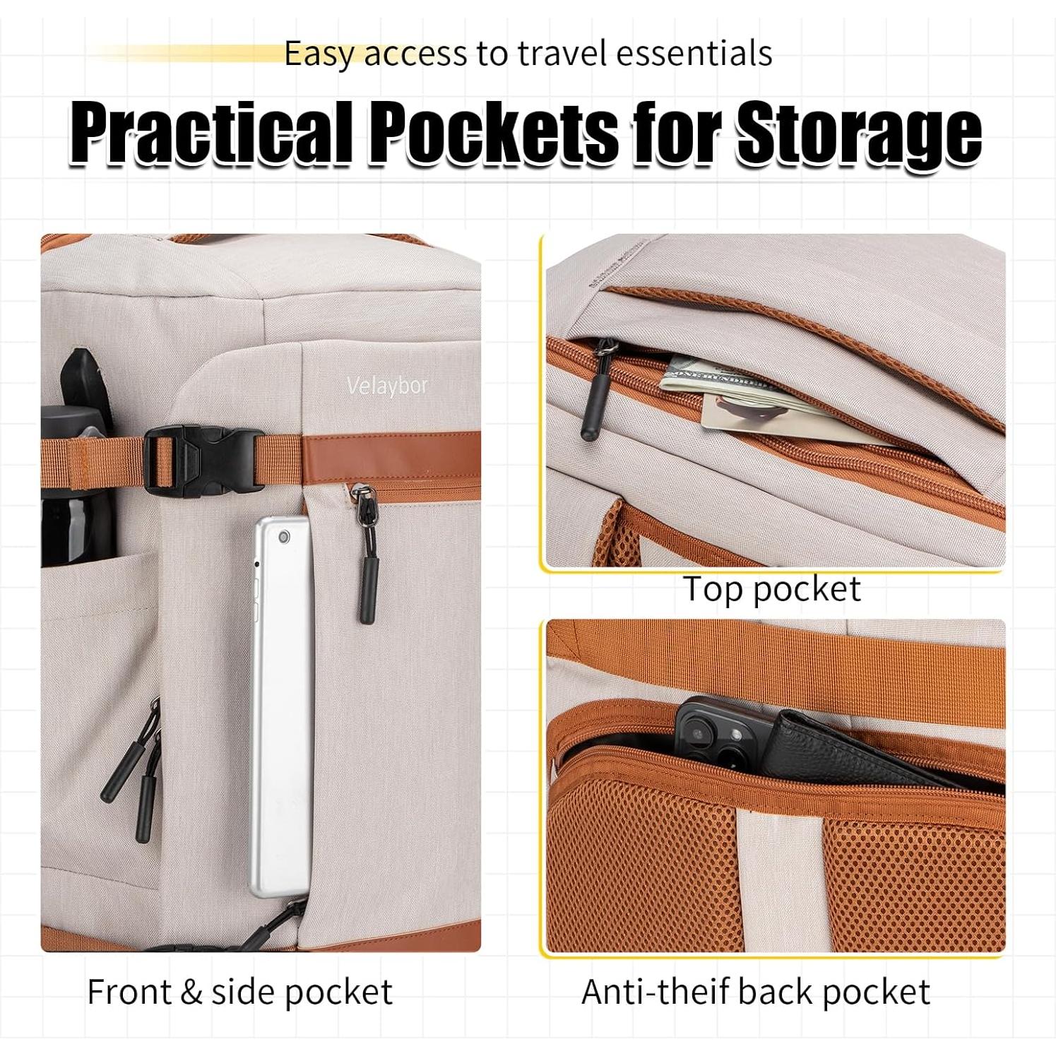 Mochila de Viaje 42L Velaybor con Cubos de Empaque y USB Beige