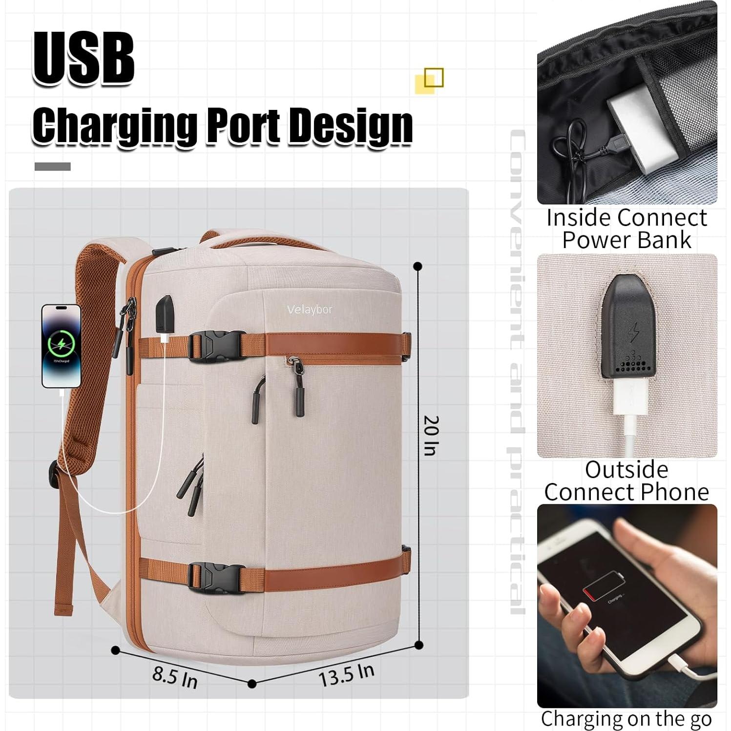 Mochila de Viaje 42L Velaybor con Cubos de Empaque y USB Beige