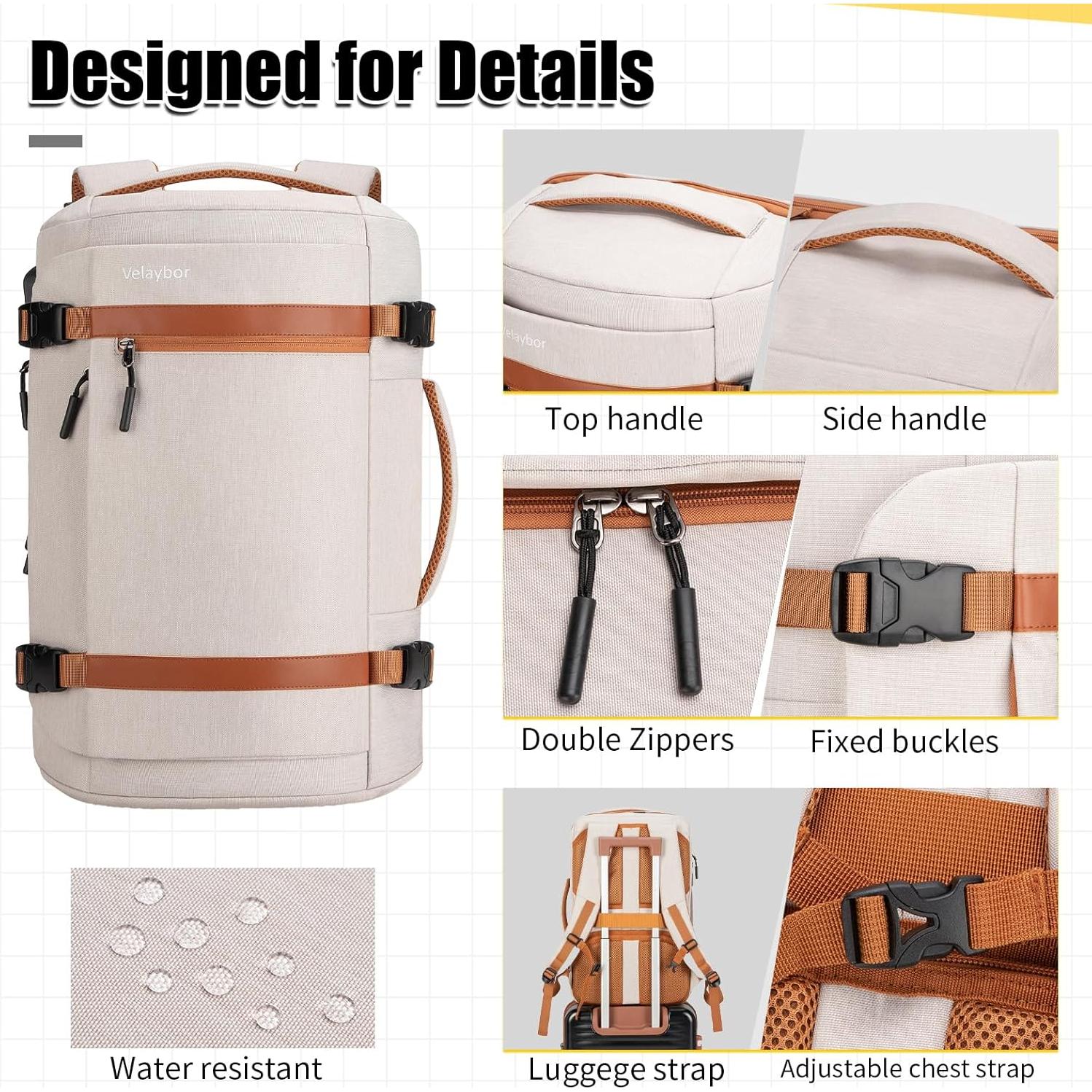 Mochila de Viaje 42L Velaybor con Cubos de Empaque y USB Beige