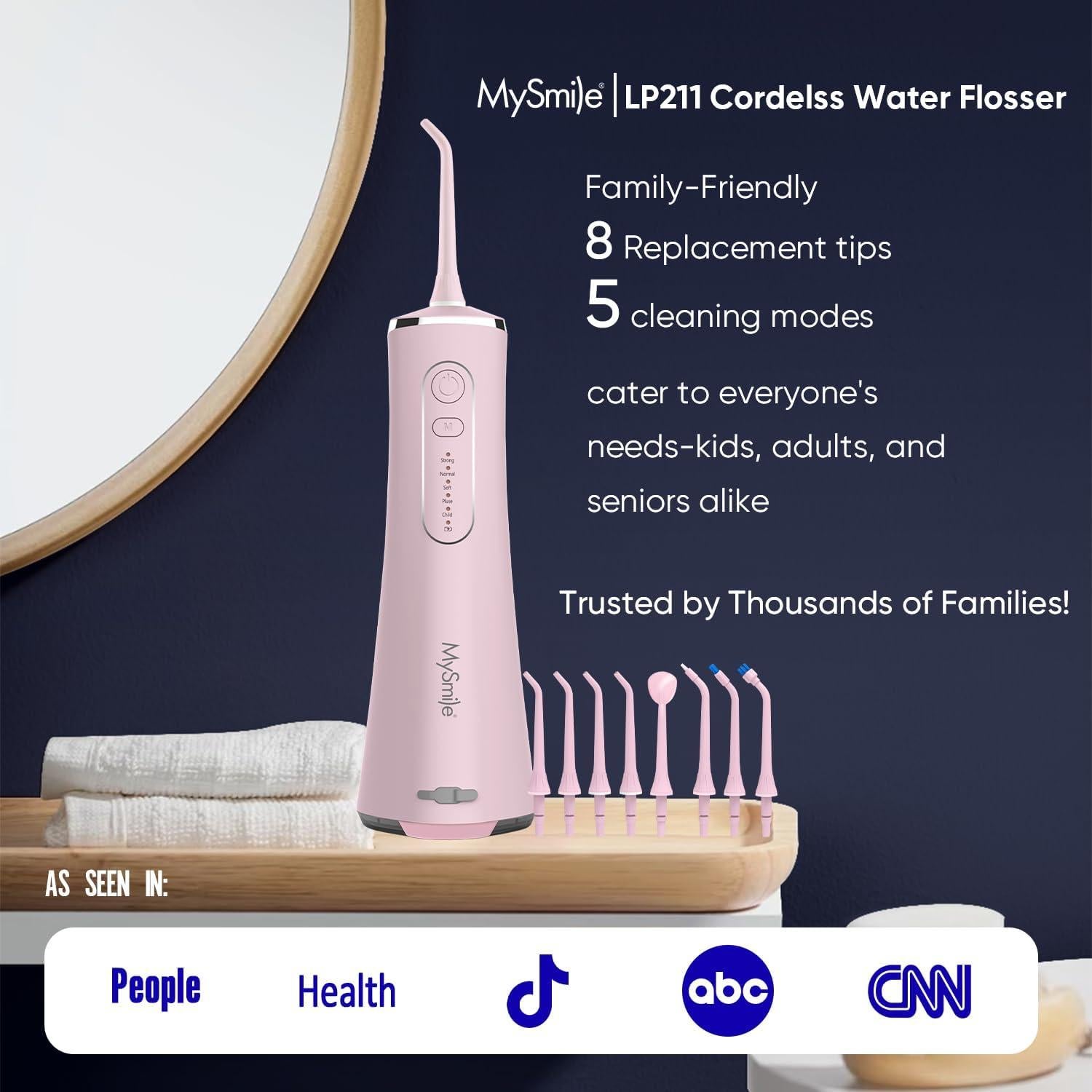 Irrigador Dental Inalámbrico MySmile LP211 Rosa, 5 Modos, IPX7