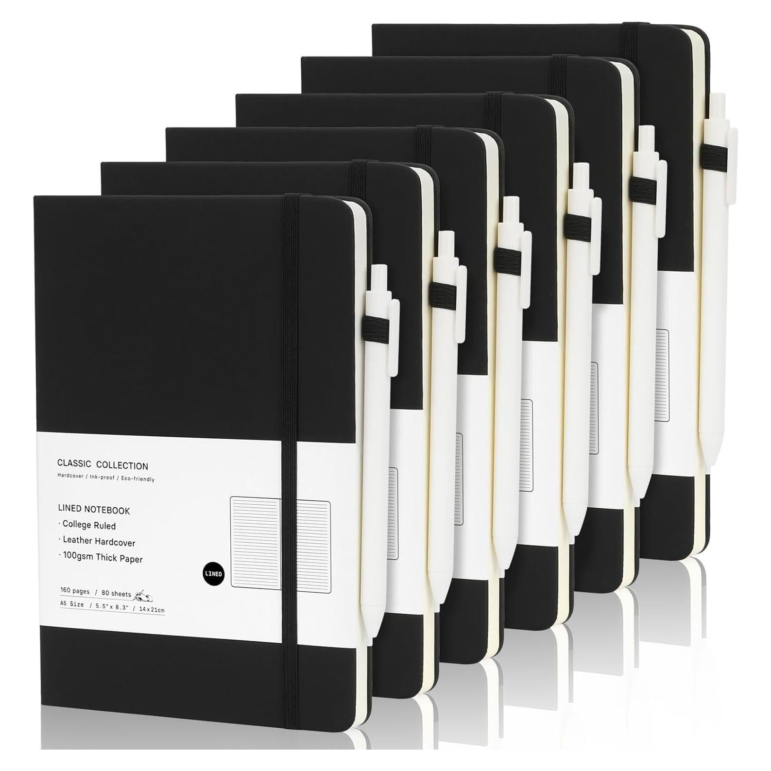 Coopay 6 Cuadernos A5 Tapa Dura con Bolígrafos Blancos 100GSM