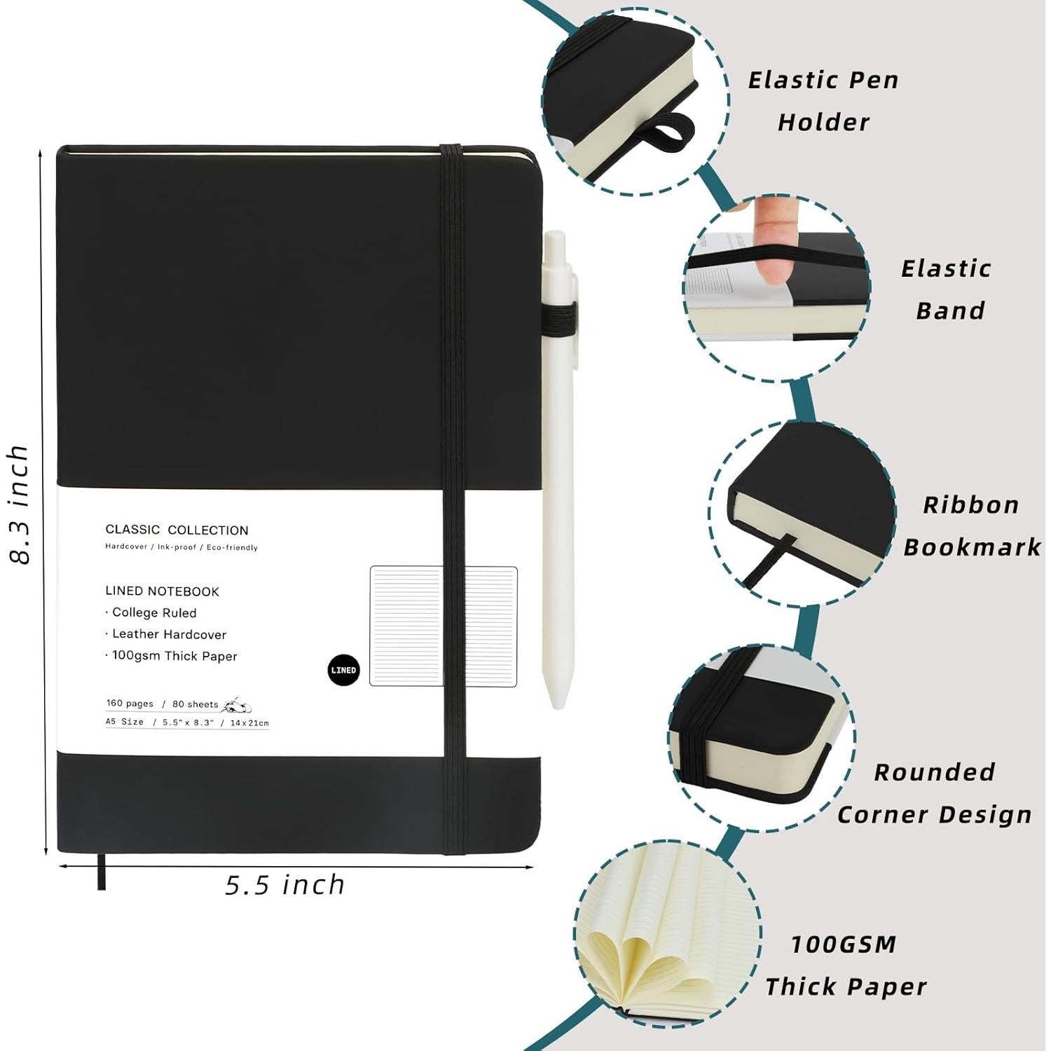 Coopay 6 Cuadernos A5 Tapa Dura con Bolígrafos Blancos 100GSM