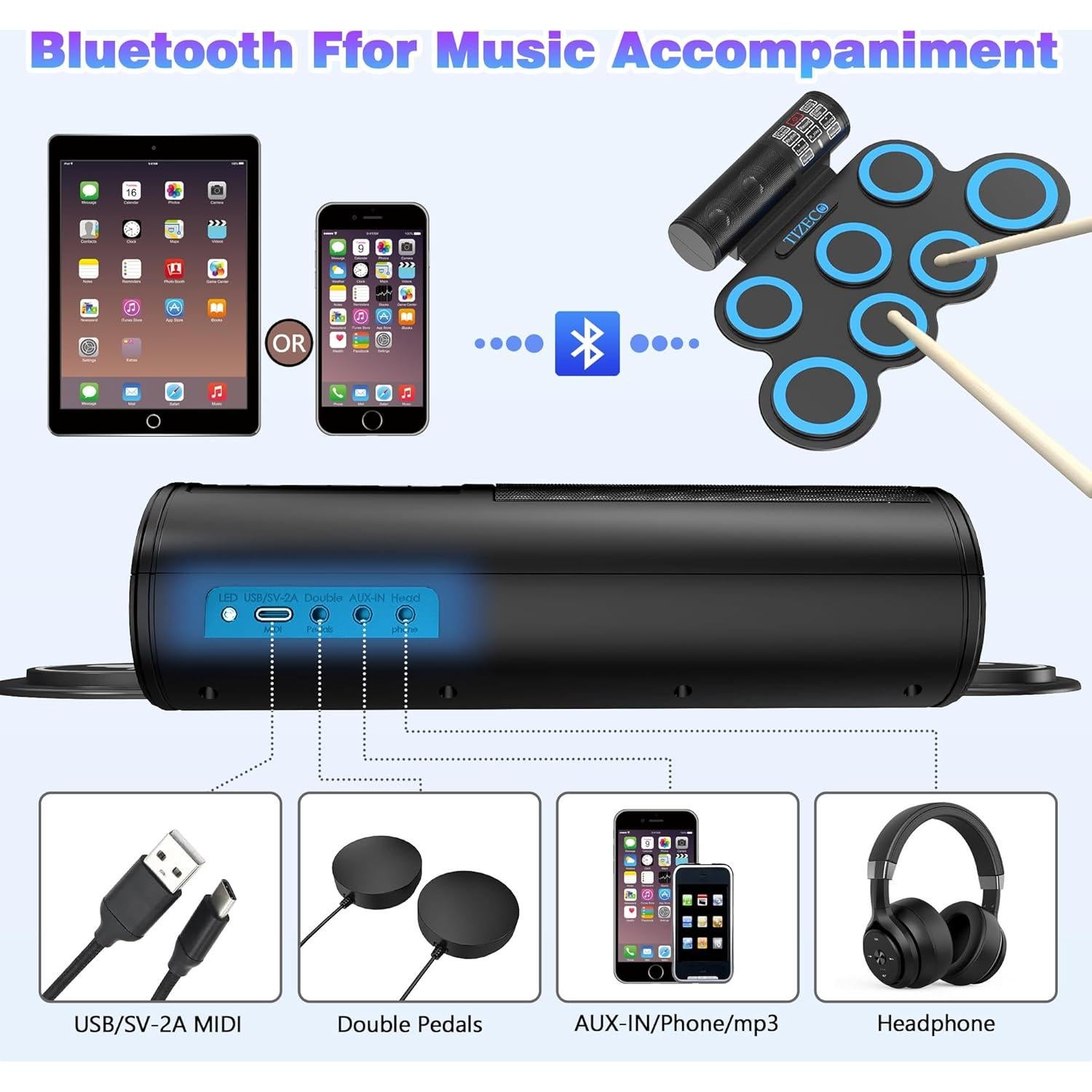 Set de Batería Electrónica Plegable 7 Almohadillas Azul