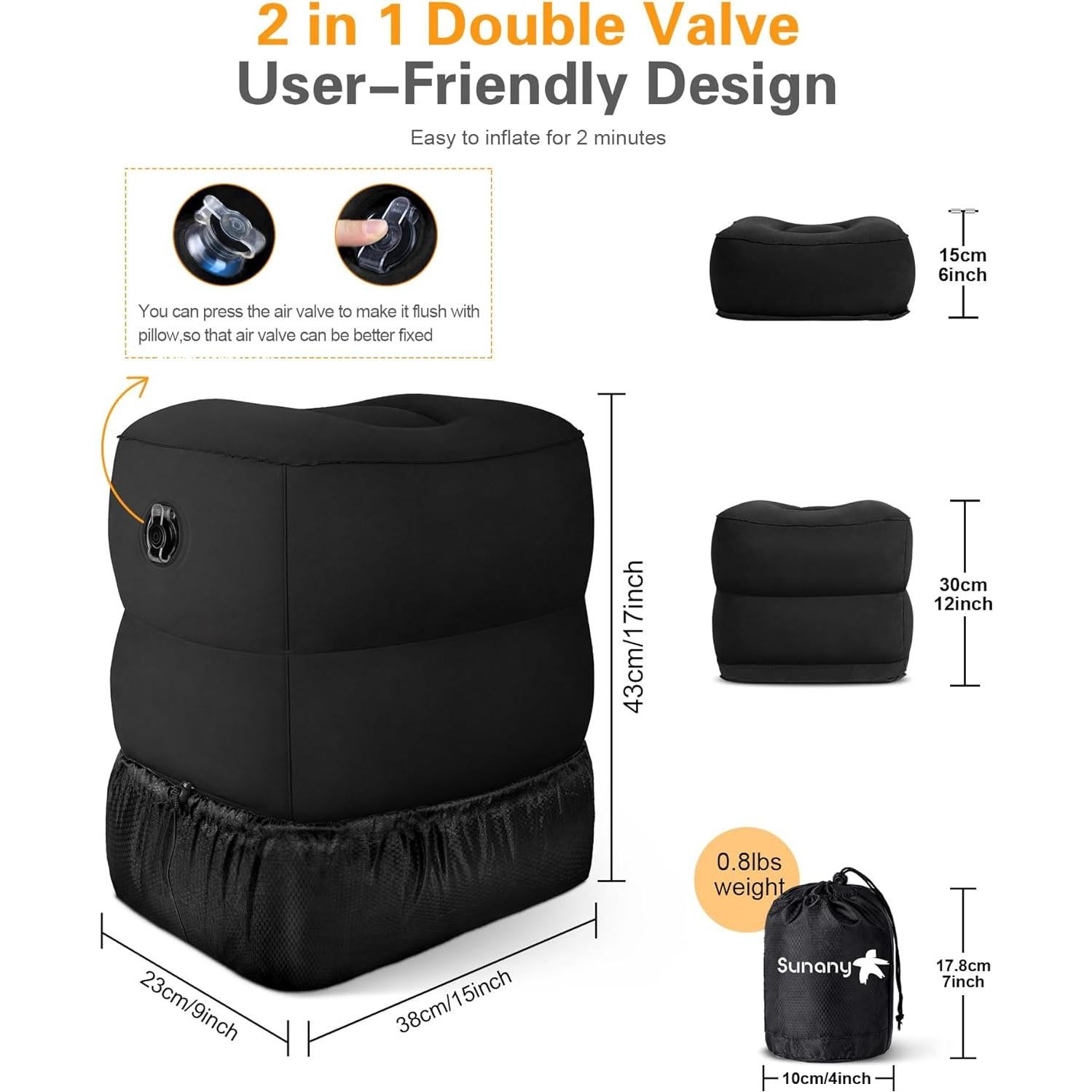 Almohada Inflable de Viaje Sunany para Descanso de Pies - Negro