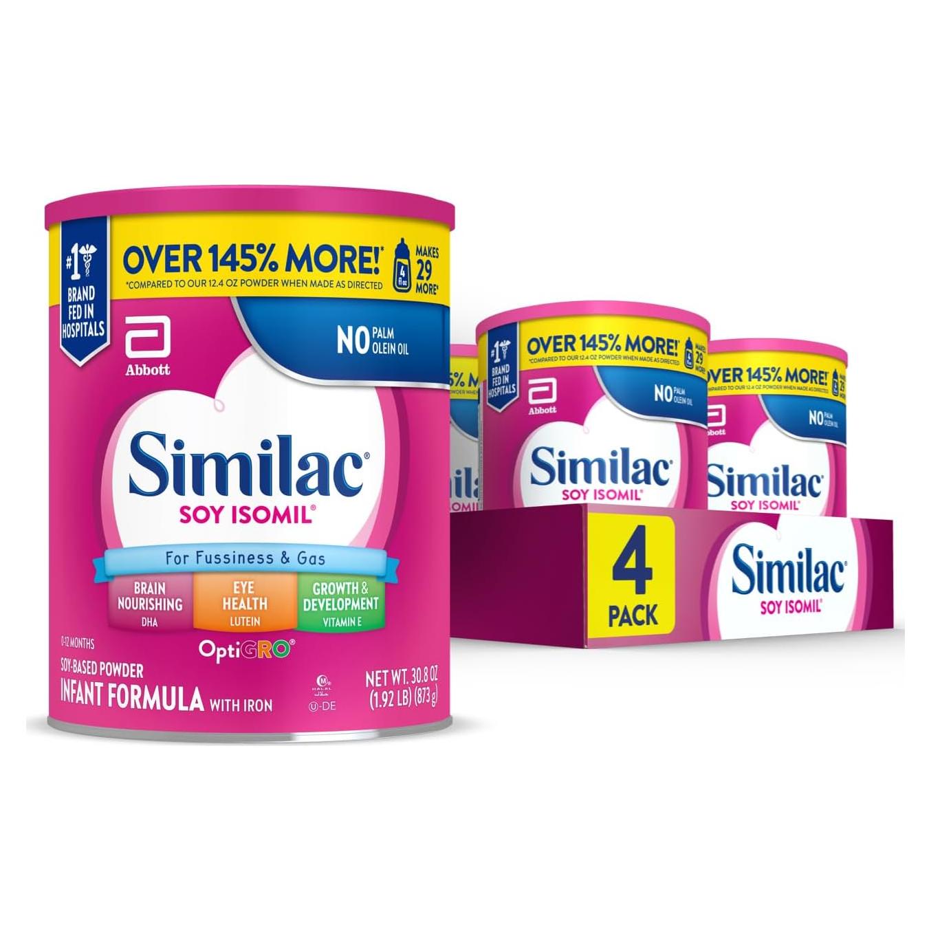 Similac Soy Isomil Fómula Infantil 870g, Paquete de 4, Vegetal