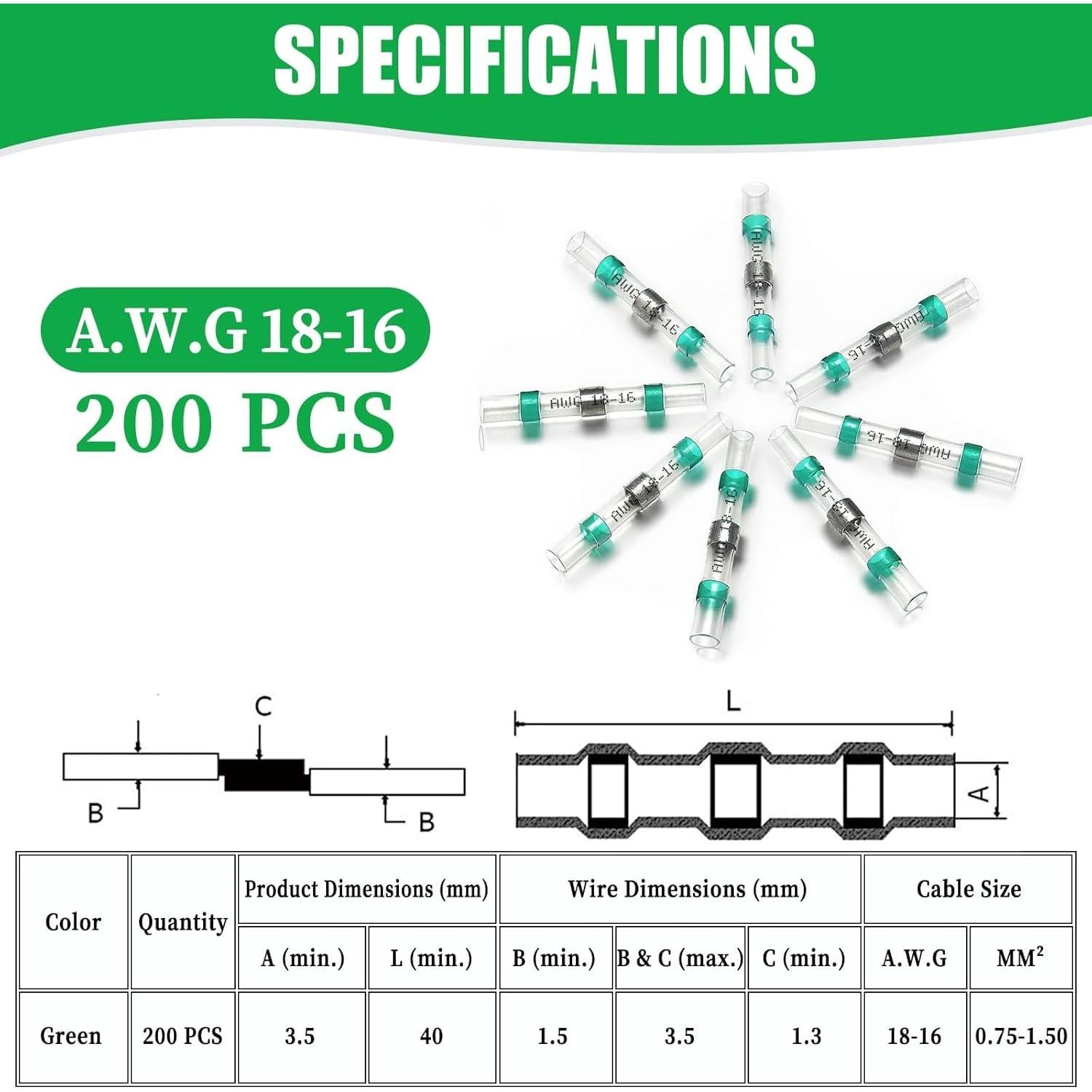 200 Conectores de Cable Verde Camtek 18-16 AWG Aislados