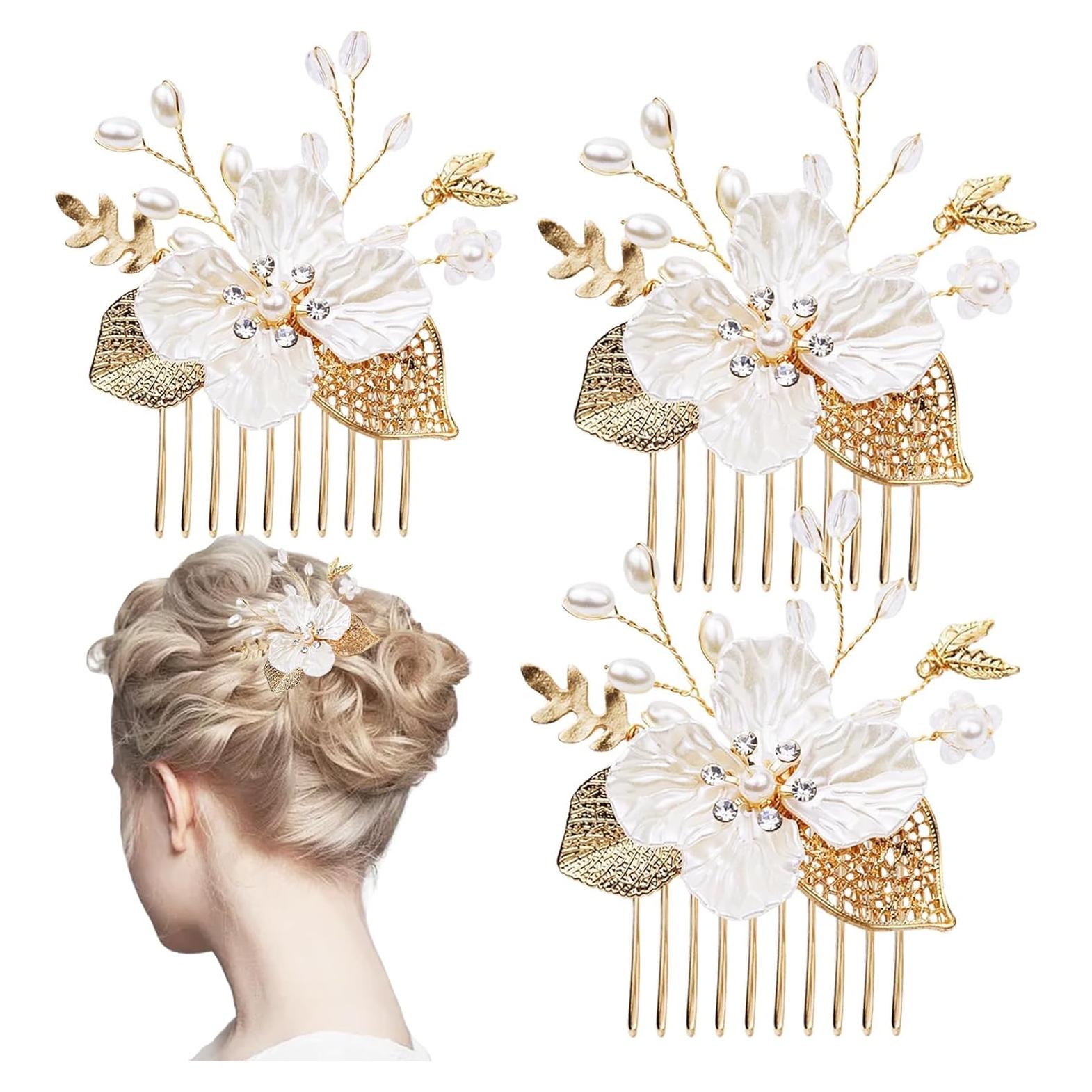 3 Horquillas de Hoja Dorada SHEHARUHI con Perlas y Cristales