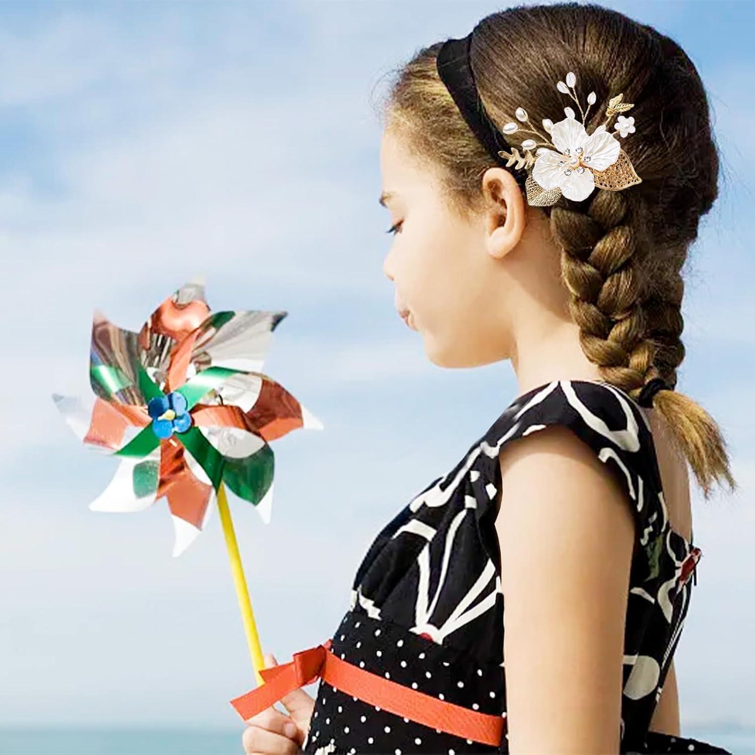 3 Horquillas de Hoja Dorada SHEHARUHI con Perlas y Cristales