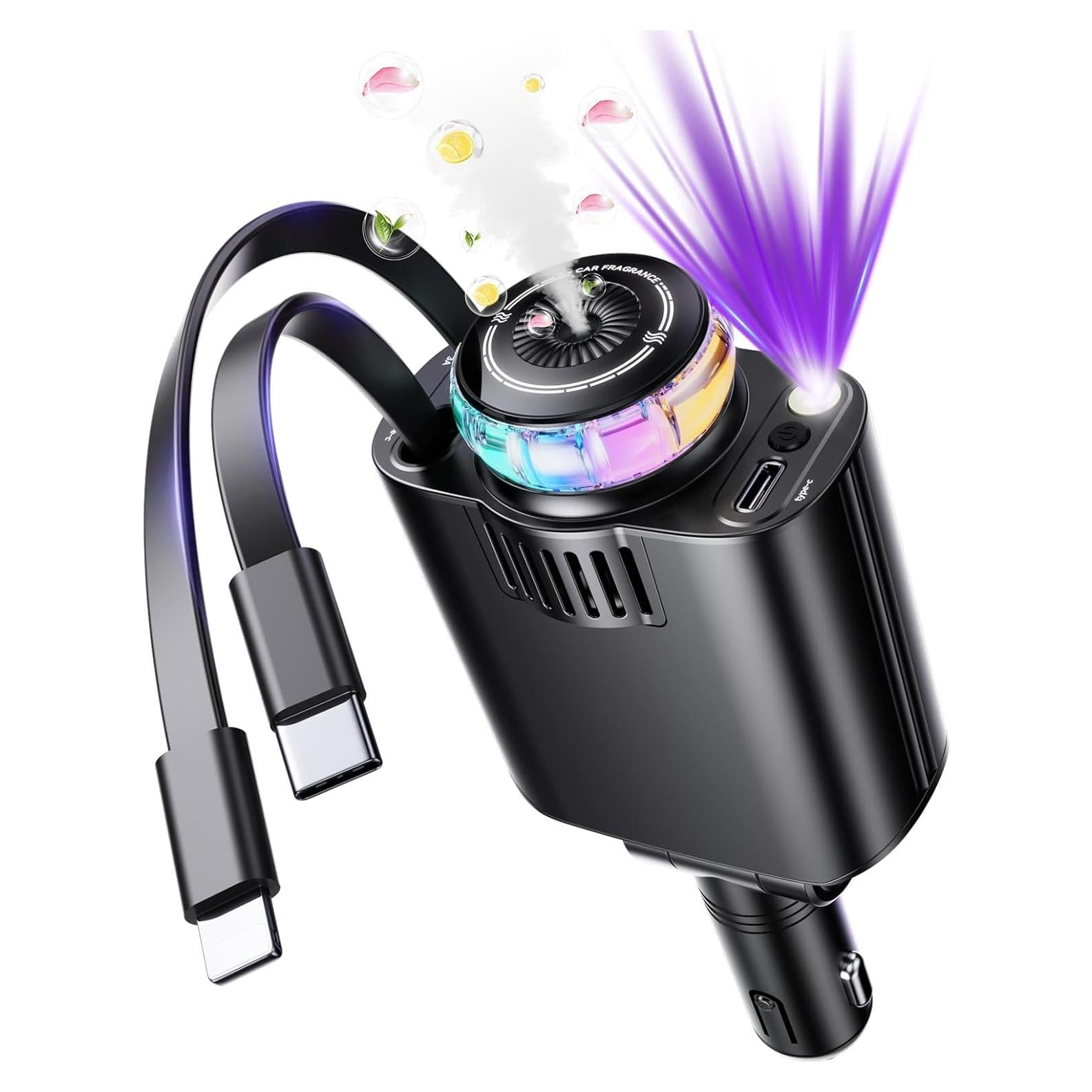 Cargador de coche retráctil 5 en 1 con aromaterapia y luces - iPhone/Android