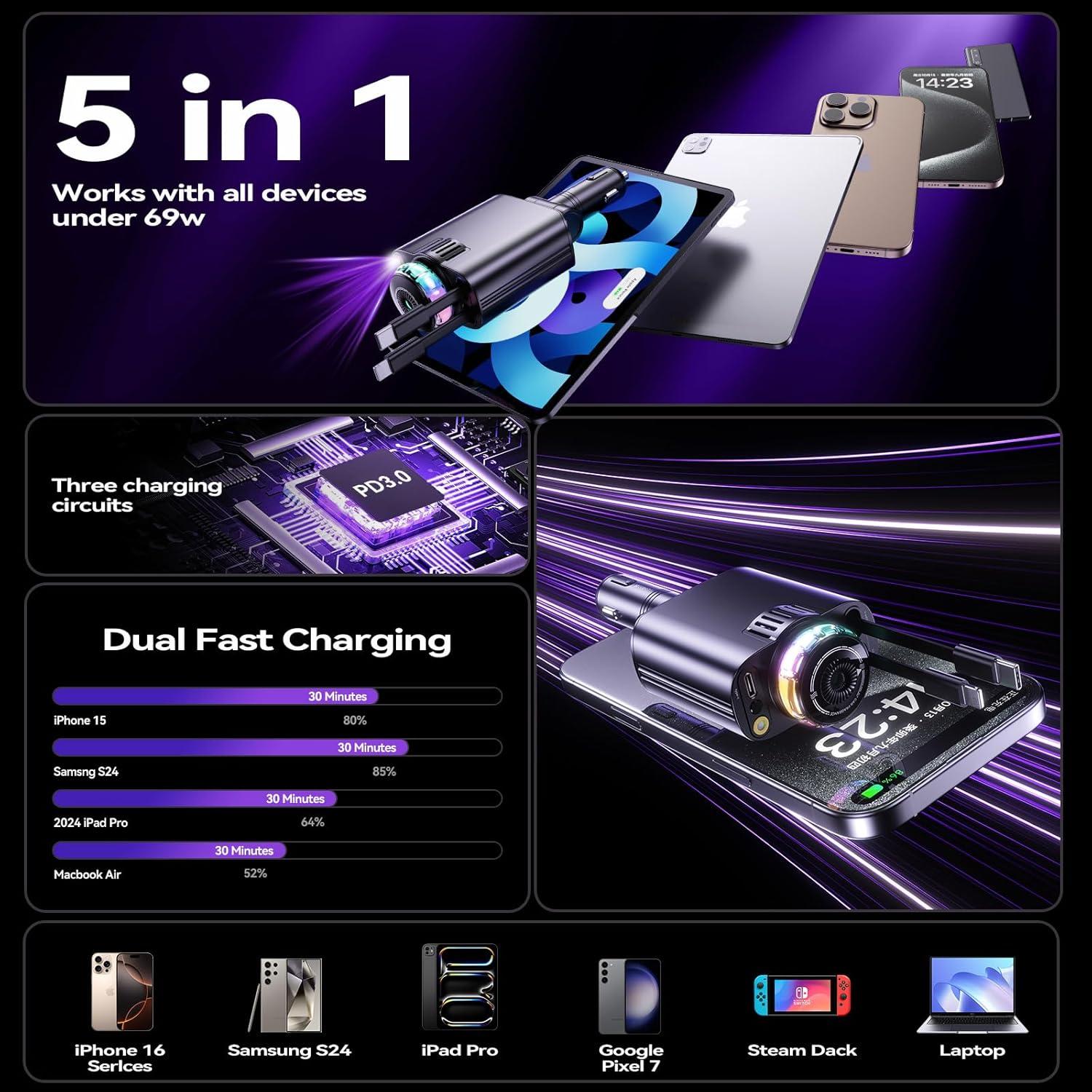 Cargador de coche retráctil 5 en 1 con aromaterapia y luces - iPhone/Android