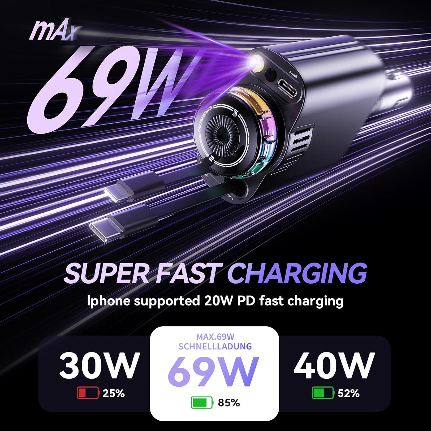 Cargador de coche retráctil 5 en 1 con aromaterapia y luces - iPhone/Android