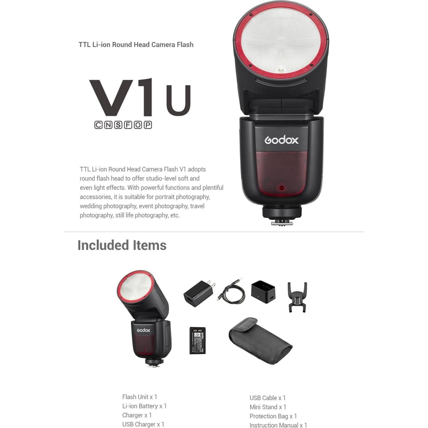 Flash Godox V1-C U TTL para Canon, 76Ws, Batería Li-ion