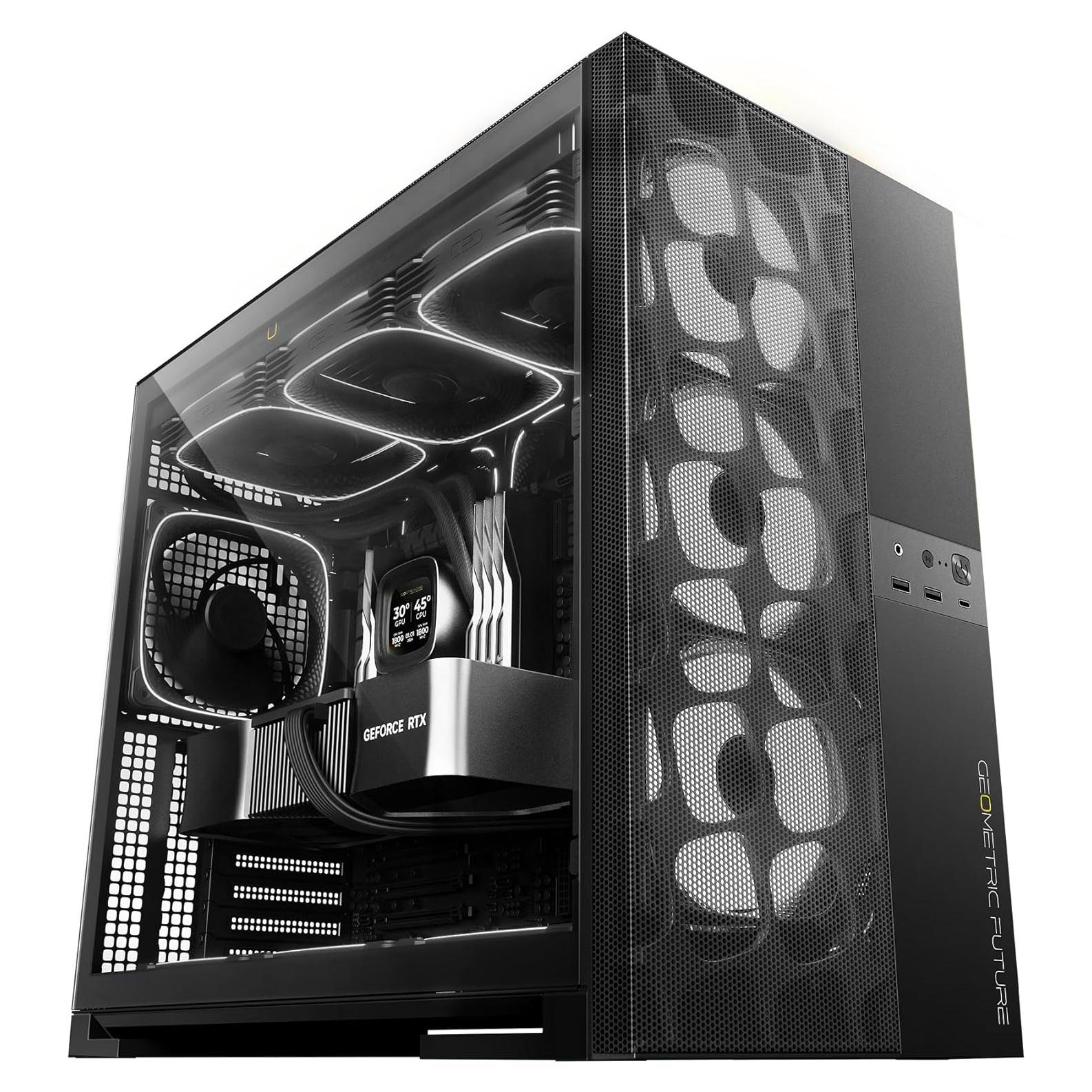 M5 Vent Mesh Panel Tempered Glass Mid Tower, E-ATX/ATX Gaming Case, High Airflow, 1.2mm Steel, Type C, Support 420/360 Radiator, ARGB PWM 140m fan x 5 Pre-Installed, Black, GEO-M5VF-B