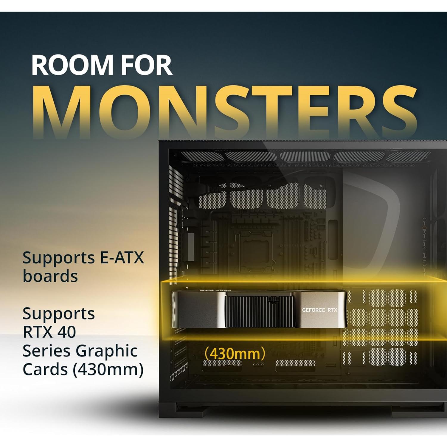 M5 Vent Mesh Panel Tempered Glass Mid Tower, E-ATX/ATX Gaming Case, High Airflow, 1.2mm Steel, Type C, Support 420/360 Radiator, ARGB PWM 140m fan x 5 Pre-Installed, Black, GEO-M5VF-B