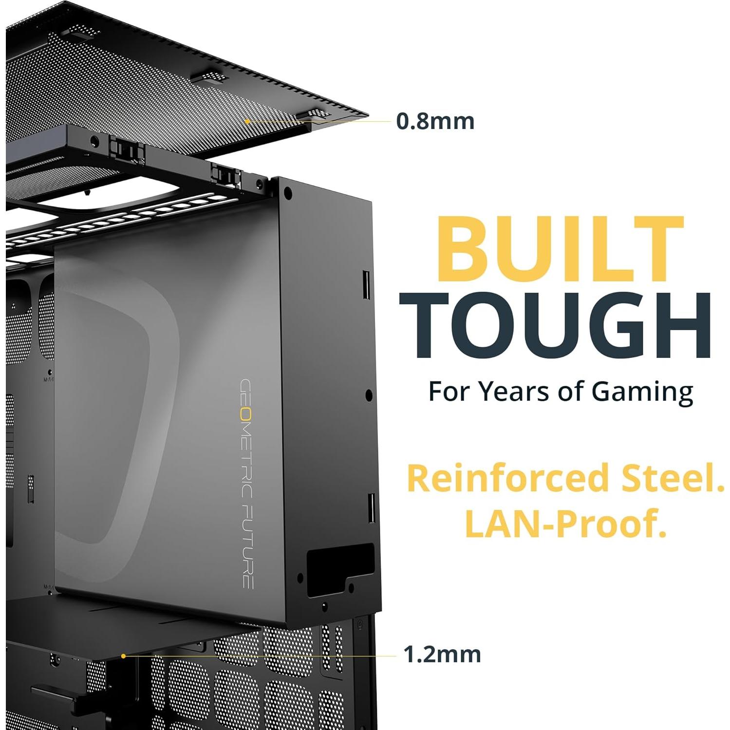 M5 Vent Mesh Panel Tempered Glass Mid Tower, E-ATX/ATX Gaming Case, High Airflow, 1.2mm Steel, Type C, Support 420/360 Radiator, ARGB PWM 140m fan x 5 Pre-Installed, Black, GEO-M5VF-B