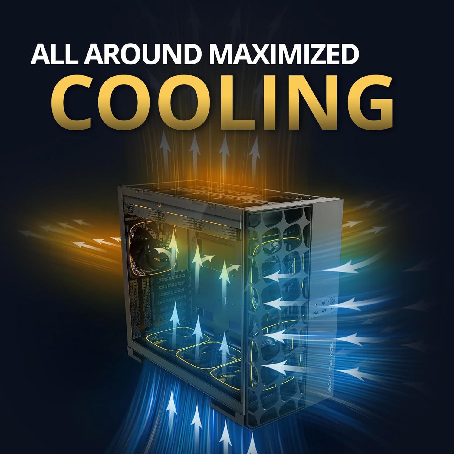 M5 Vent Mesh Panel Tempered Glass Mid Tower, E-ATX/ATX Gaming Case, High Airflow, 1.2mm Steel, Type C, Support 420/360 Radiator, ARGB PWM 140m fan x 5 Pre-Installed, Black, GEO-M5VF-B