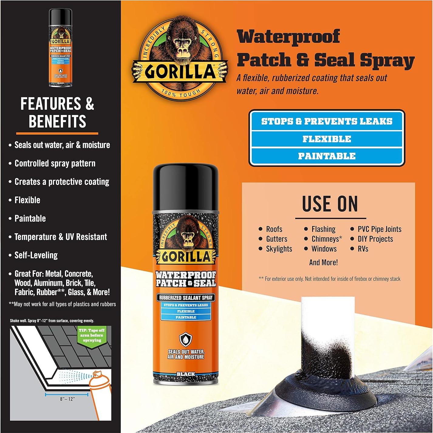 Gorilla Spray Sellador Impermeable 16 Oz Negro - Sella Agua y Aire