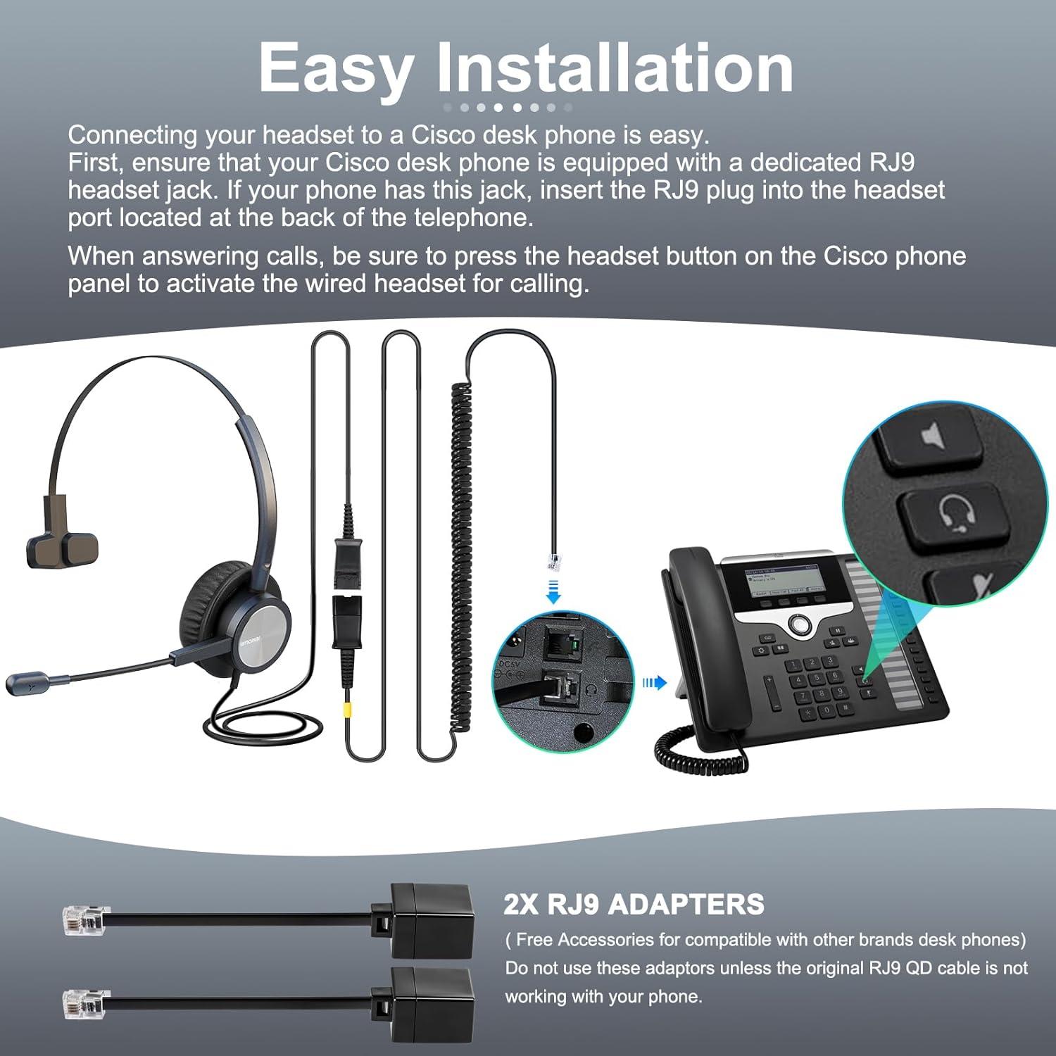 Auricular de Teléfono Emaiker Un Oído con Cable RJ9 para Cisco