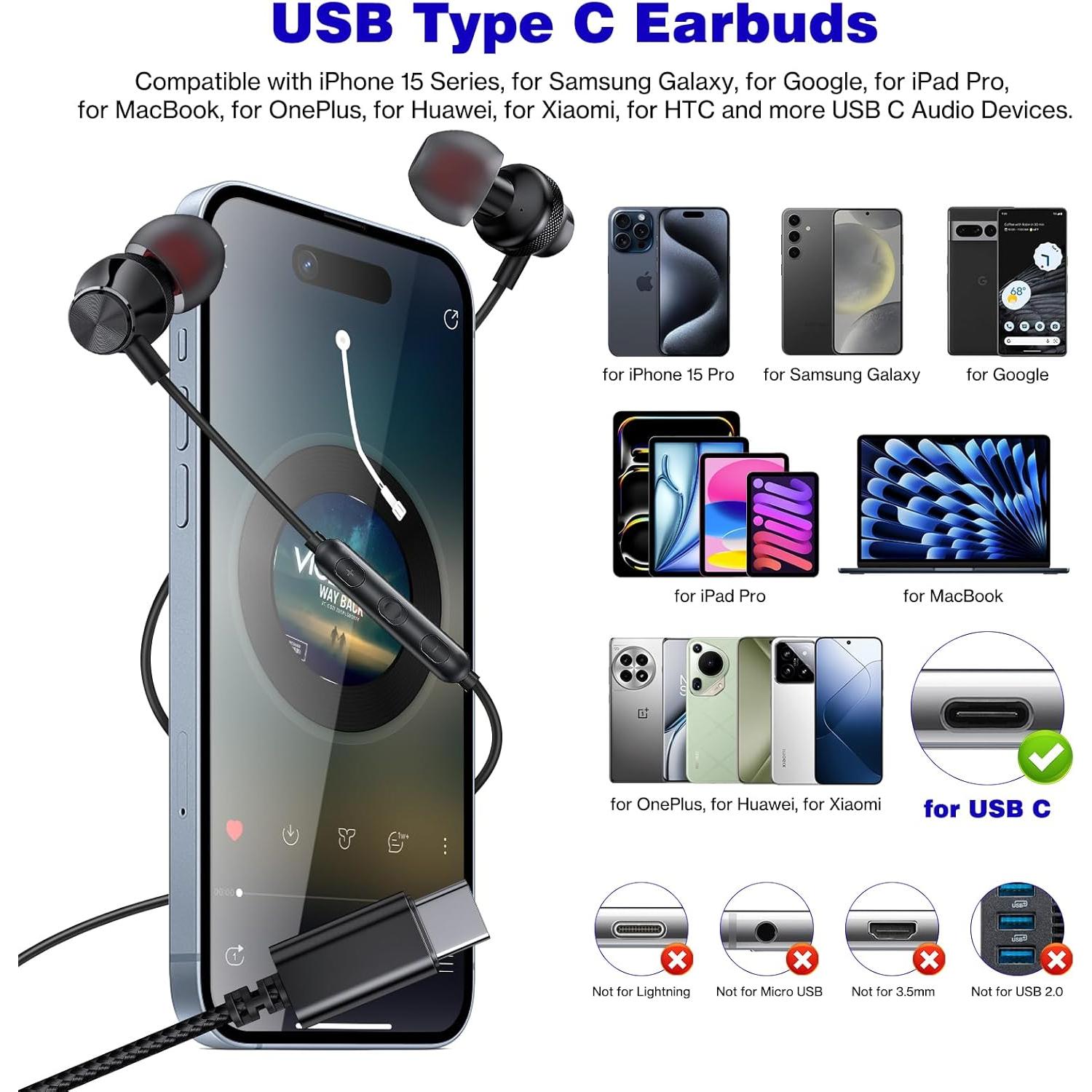 Auriculares USB C COOYA HiFi Estéreo In-Ear con Micrófono