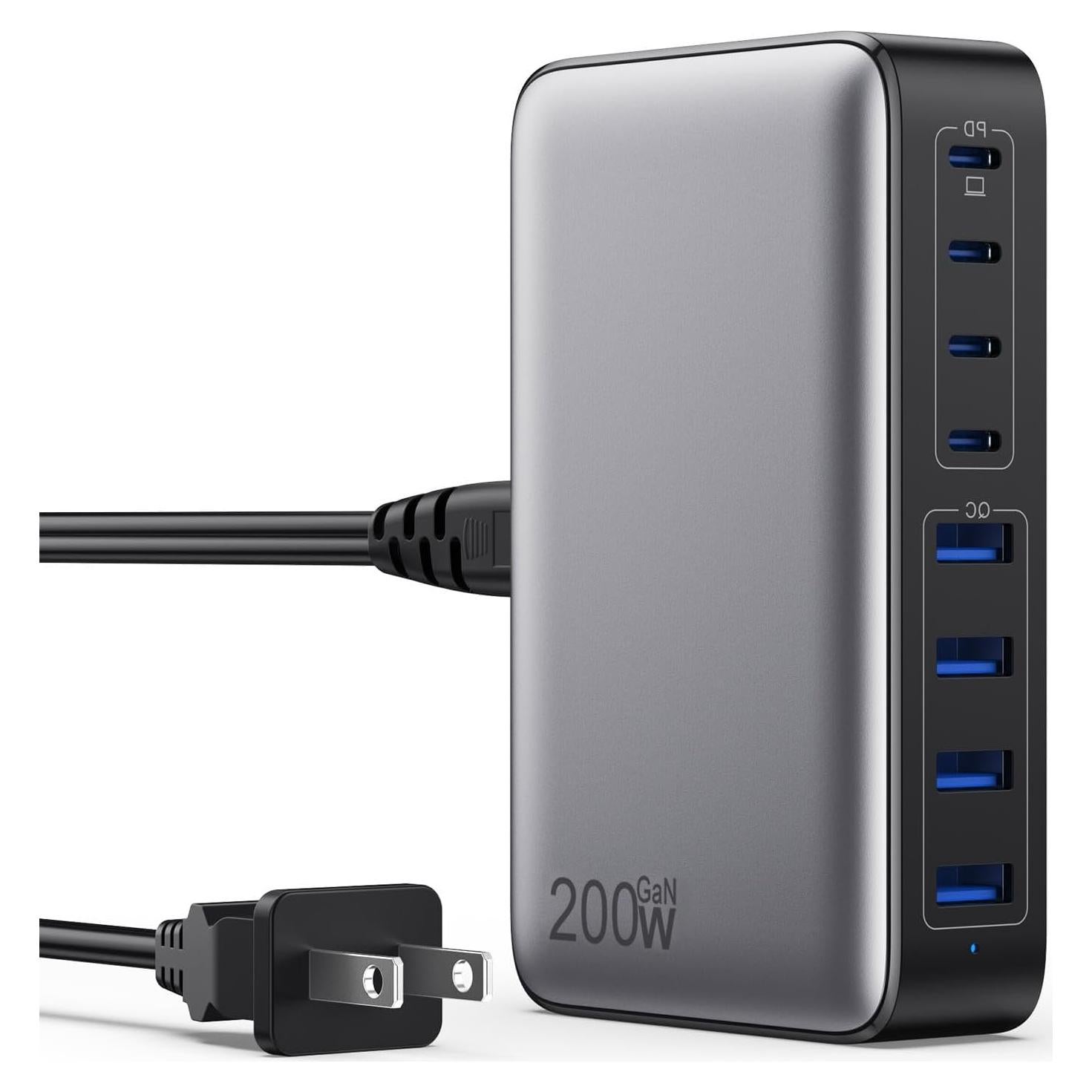 Cargador USB C 200W GaN III 8 Puertos Rápido Negro