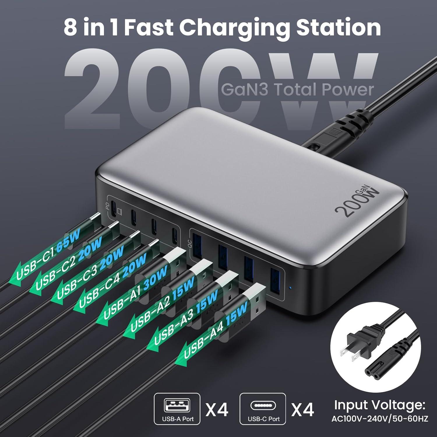 Cargador USB C 200W GaN III 8 Puertos Rápido Negro