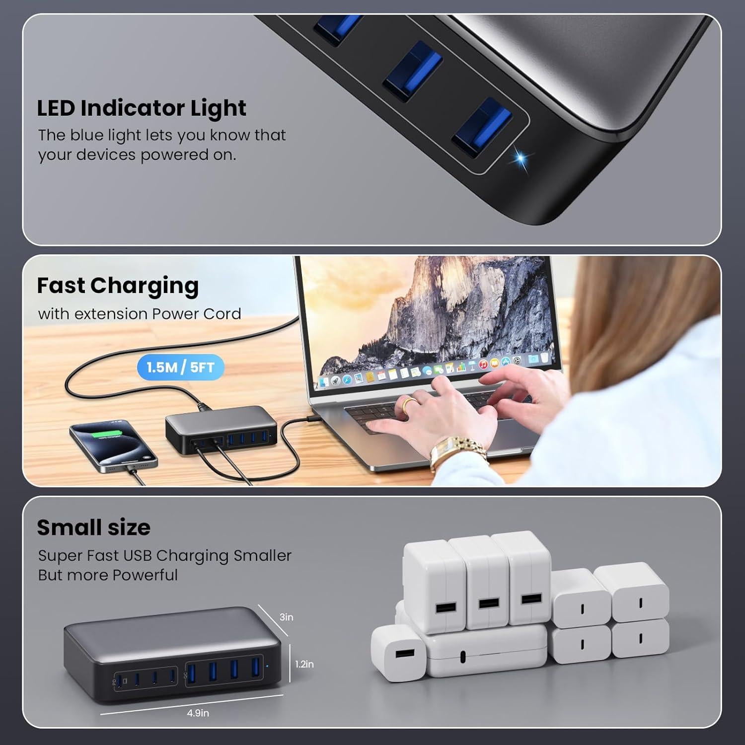 Cargador USB C 200W GaN III 8 Puertos Rápido Negro