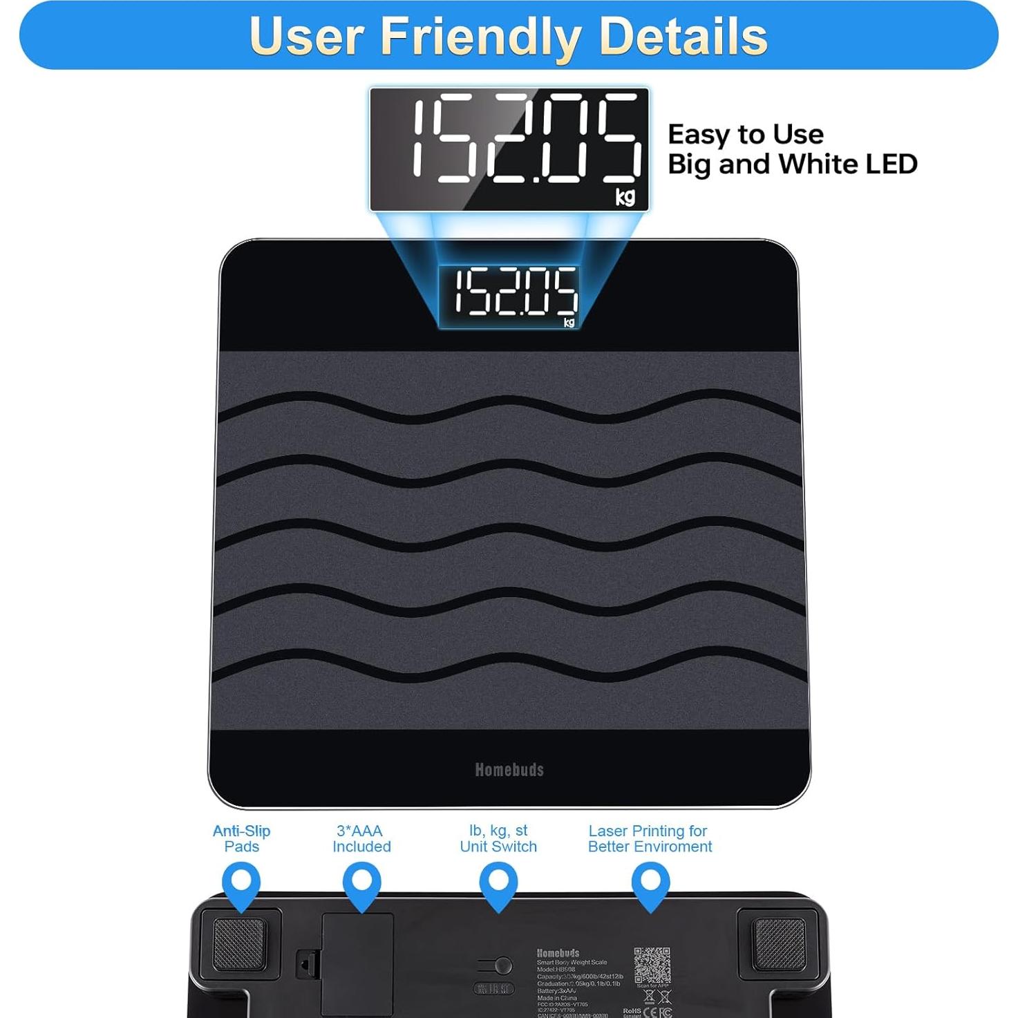 Báscula Digital de Baño Homebuds HB908 272kg Alta Precisión