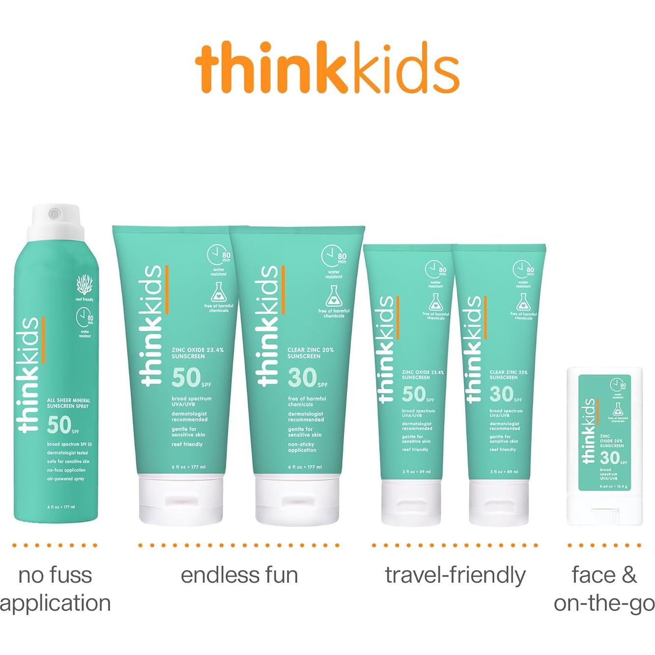 Thinkkids Safe Mineral Sunscreen SPF 50+, 3 Fl Oz, Natural, Water Resistant Reef Safe Sunscreen for Children, Broad Spectrum UVA/UVB Sun Screen