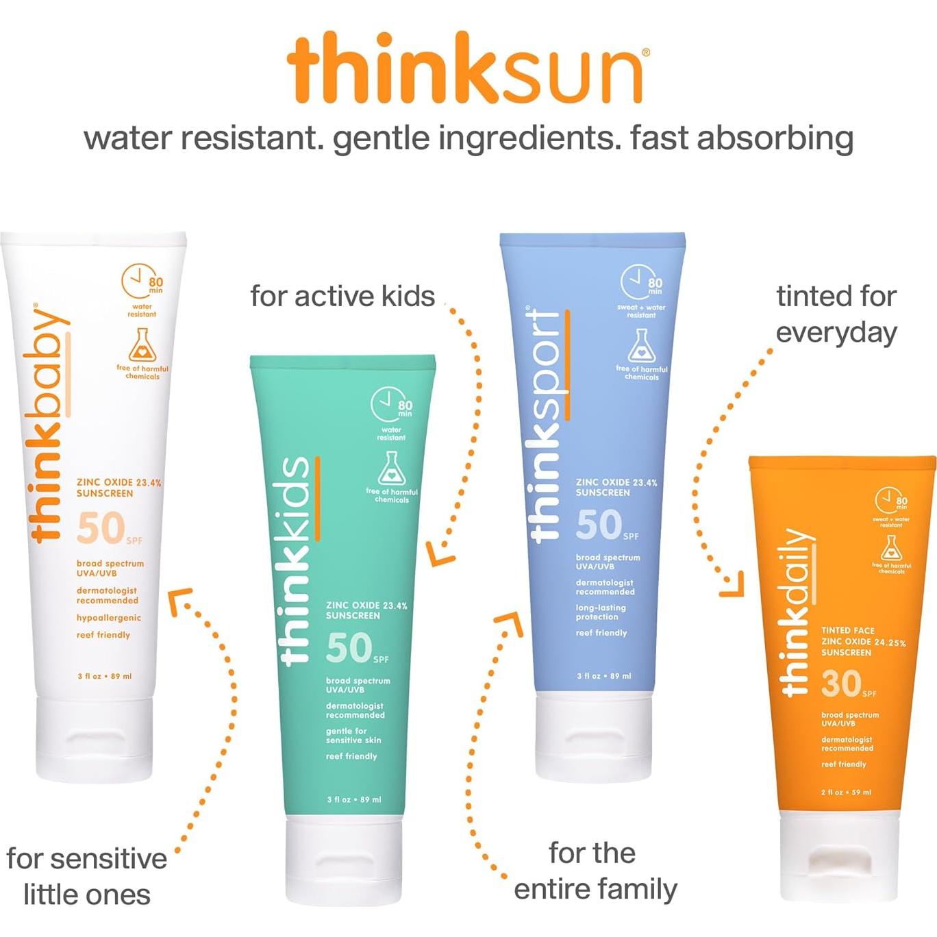 Thinkkids Safe Mineral Sunscreen SPF 50+, 3 Fl Oz, Natural, Water Resistant Reef Safe Sunscreen for Children, Broad Spectrum UVA/UVB Sun Screen