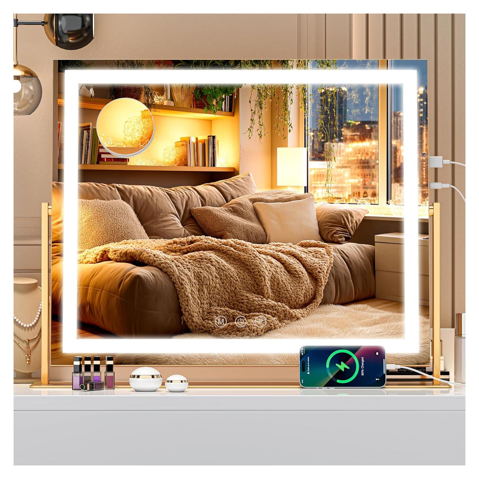 Vanity Mirror with Lights, 24'' x 20'' Lighted Makeup Mirror, Touch Screen with 3-Color Lighting, Dimmable for Vanity Desk Tabletop Square Gold