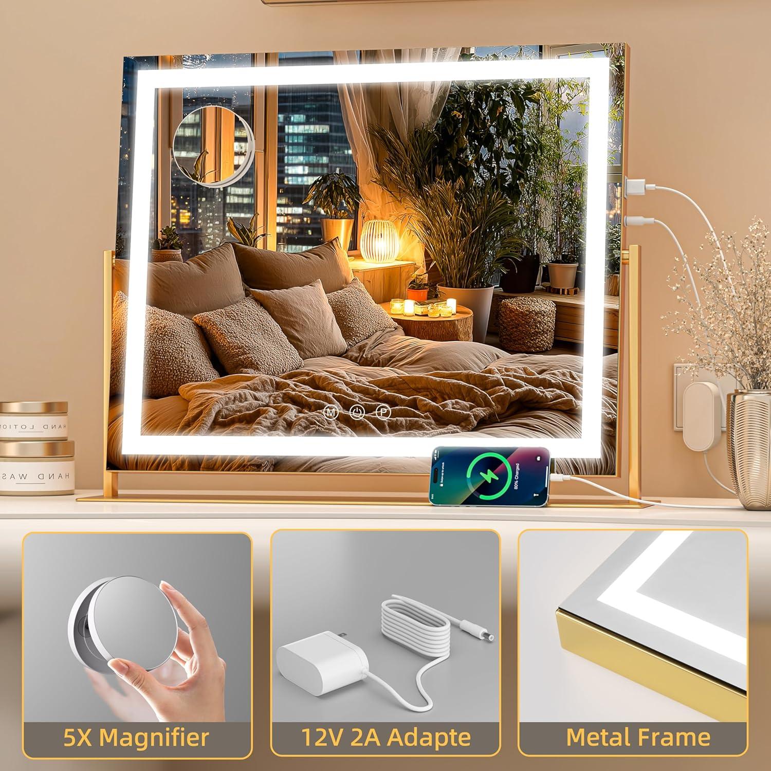 Vanity Mirror with Lights, 24'' x 20'' Lighted Makeup Mirror, Touch Screen with 3-Color Lighting, Dimmable for Vanity Desk Tabletop Square Gold