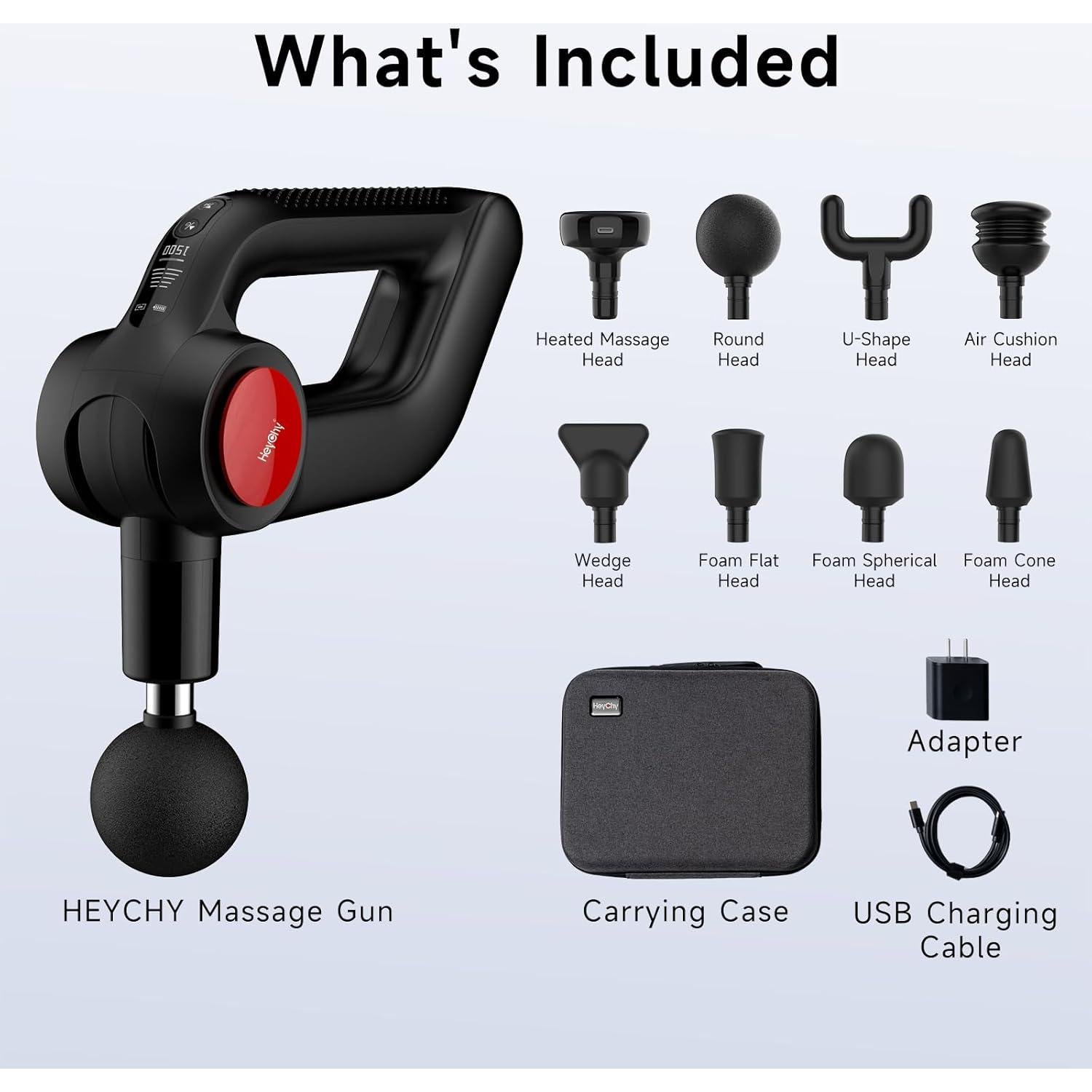 Pistola de Masaje HEYCHY D5 Pro-BK con Calor y 8 Cabezas