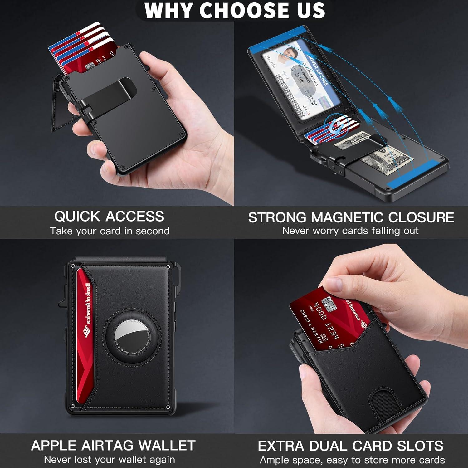 Billetera AirTag KIKVES para hombres, minimalista, RFID, negro