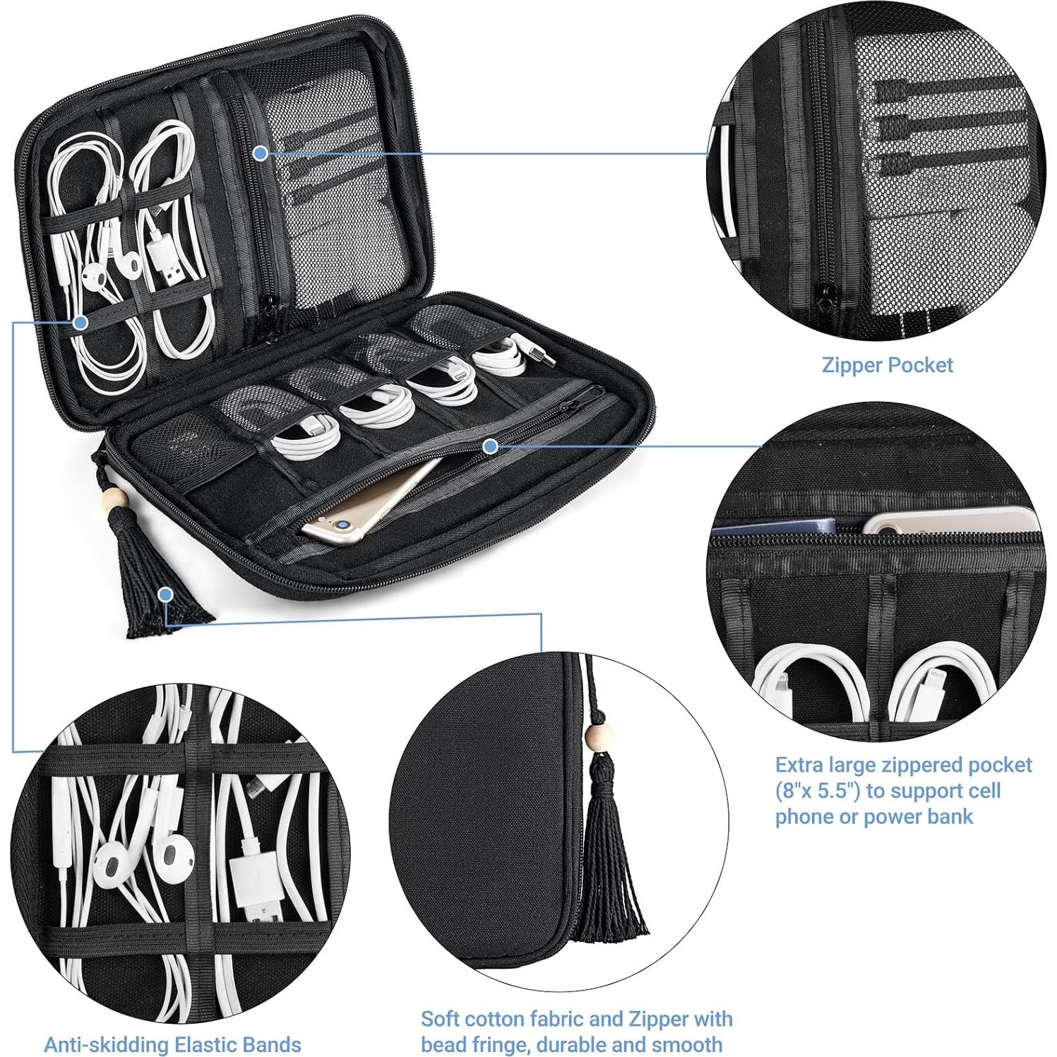 Organizador de Cables Mkono Mediano Negro Algodón 25.9x18cm