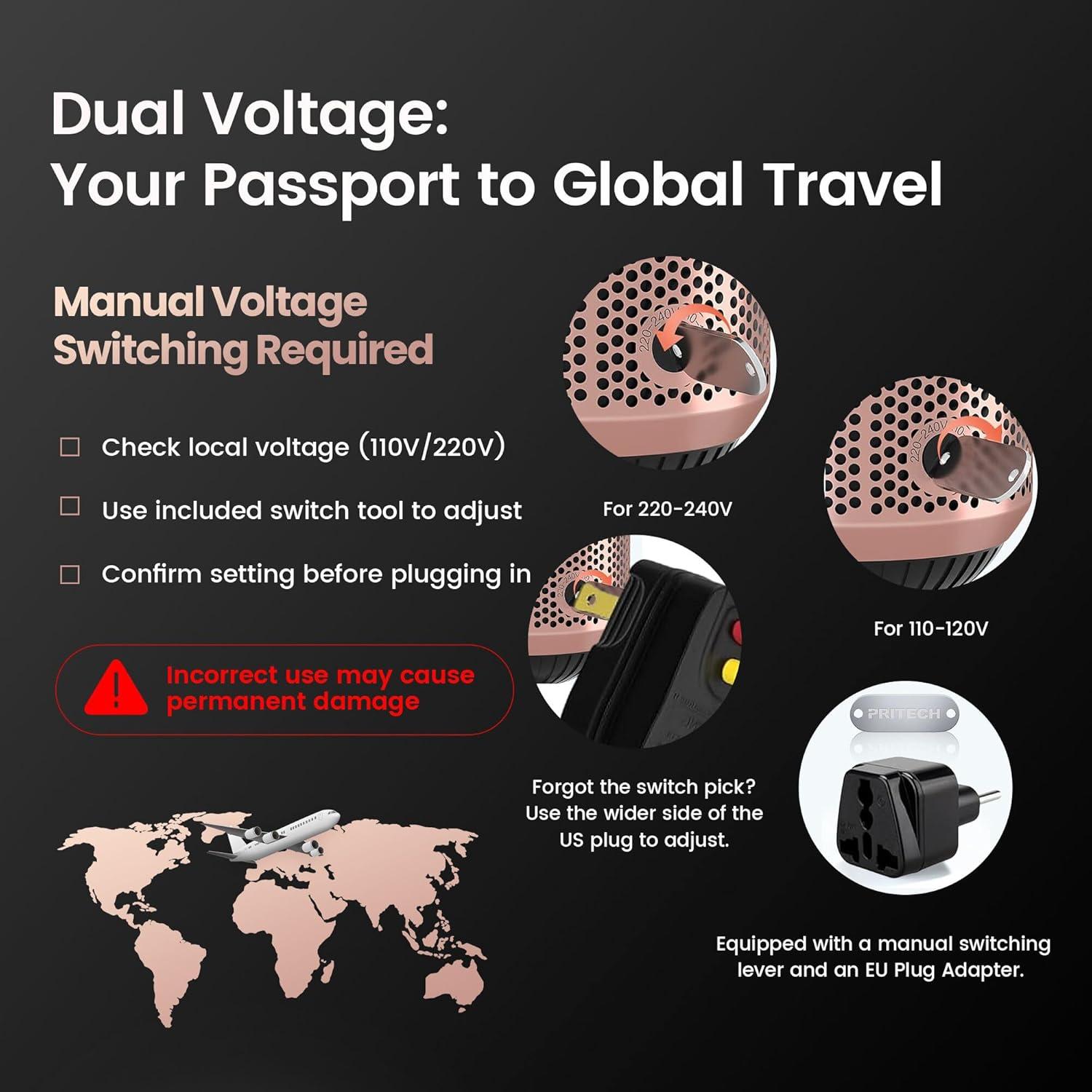 Secador de Pelo Cerámico PRITECH 1000W Doble Voltaje Negro