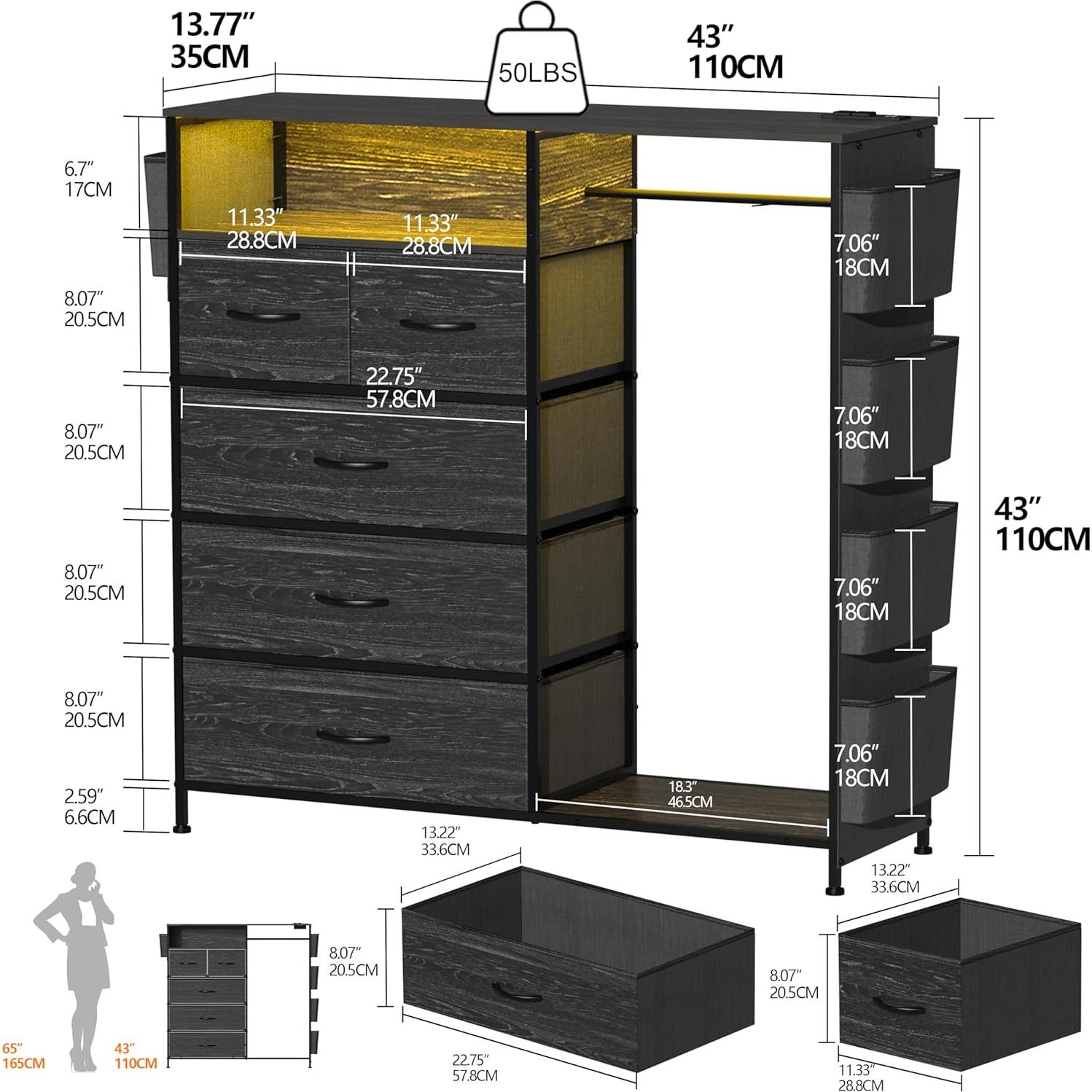 Cómoda Espelism de 5 Cajones con Estante y Luces LED RGB