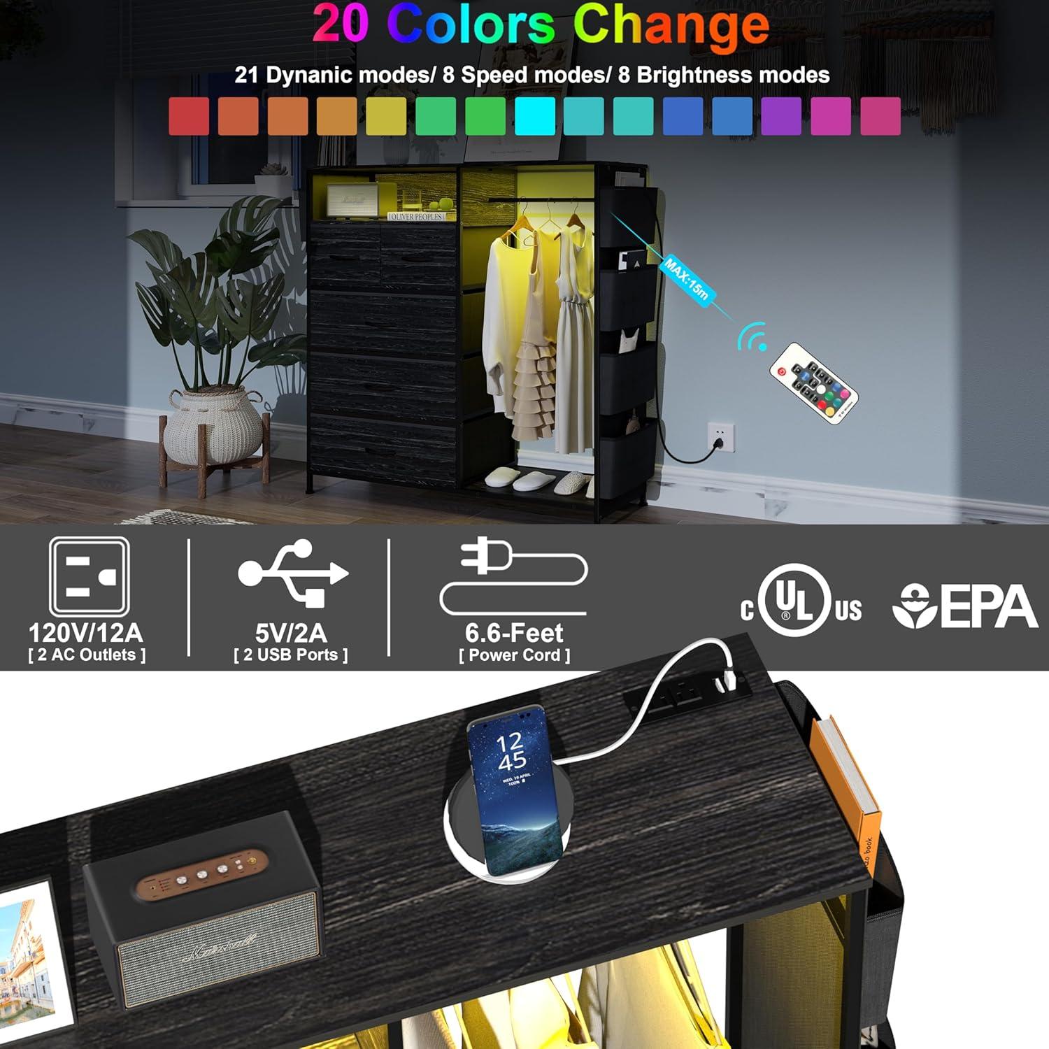 Cómoda Espelism de 5 Cajones con Estante y Luces LED RGB