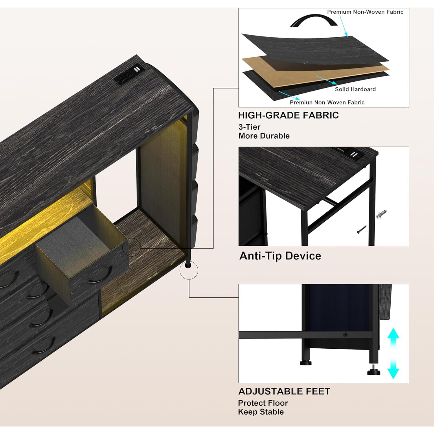 Cómoda Espelism de 5 Cajones con Estante y Luces LED RGB
