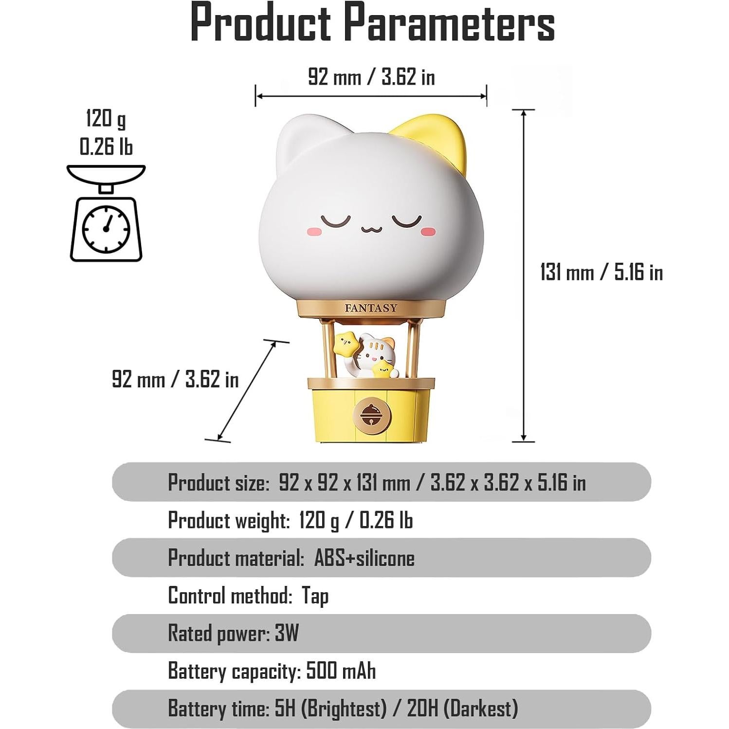 Luz Nocturna Recargable Gato KVPPVT 3 Niveles de Brillo