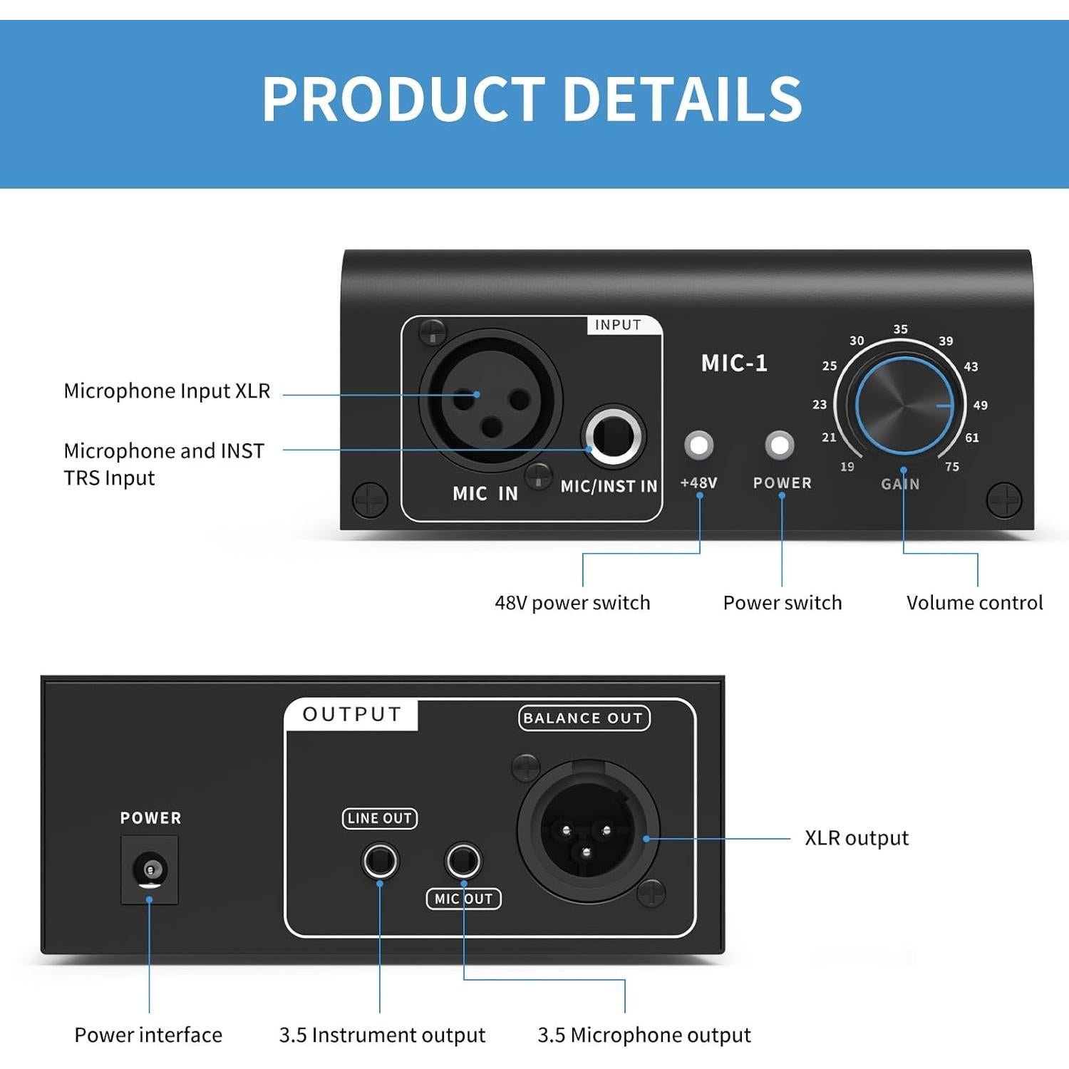 Preamp de Micrófono XTUGA XIC1 48V 2 Entradas XLR