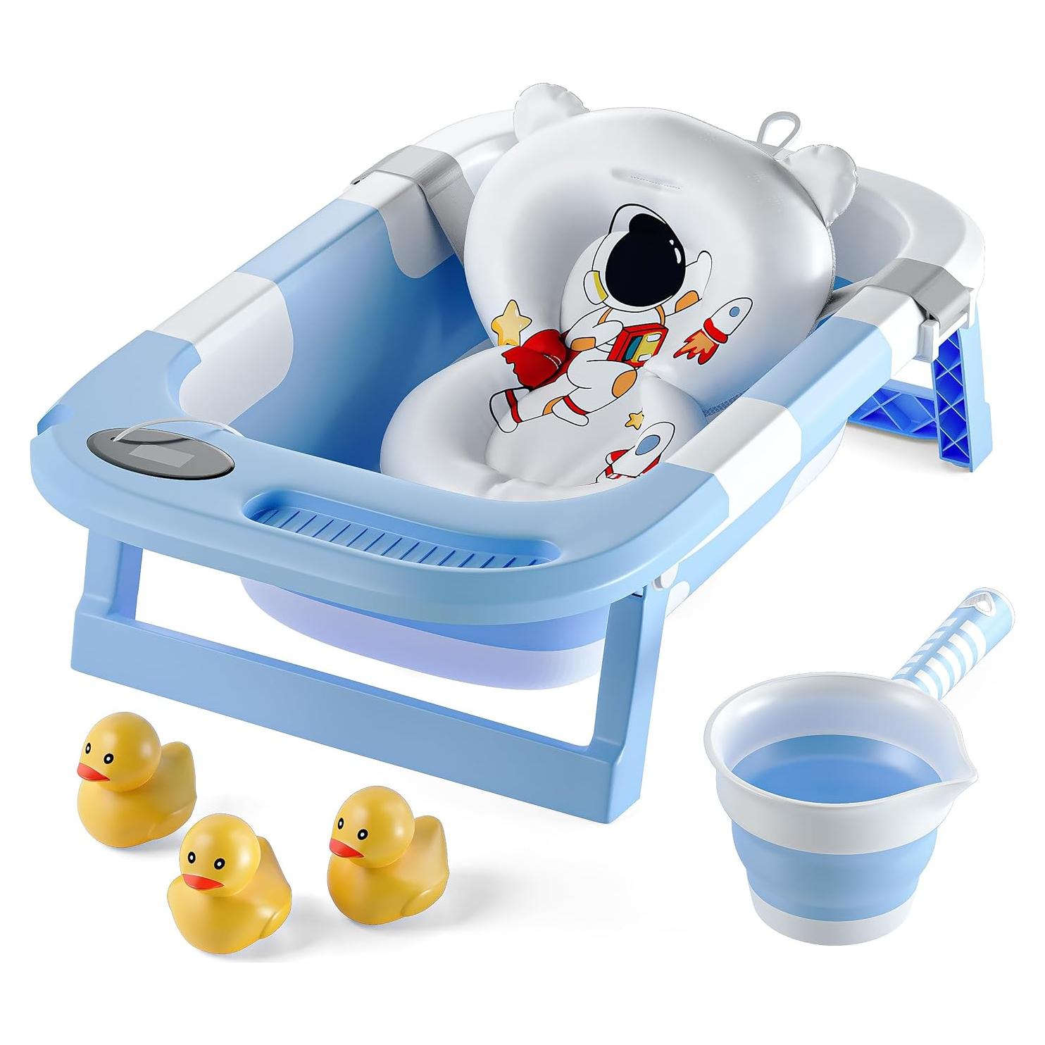 Bañera Plegable para Bebés Azul con Termómetro y Drenaje