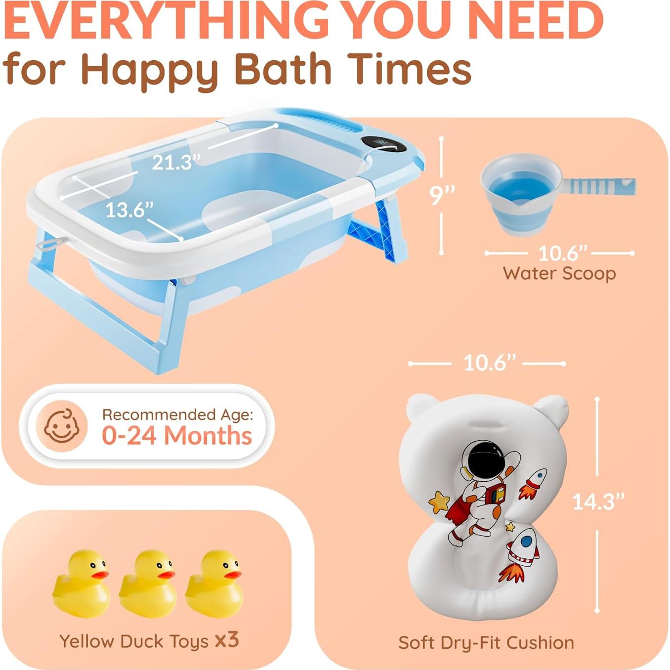 Bañera Plegable para Bebés Azul con Termómetro y Drenaje