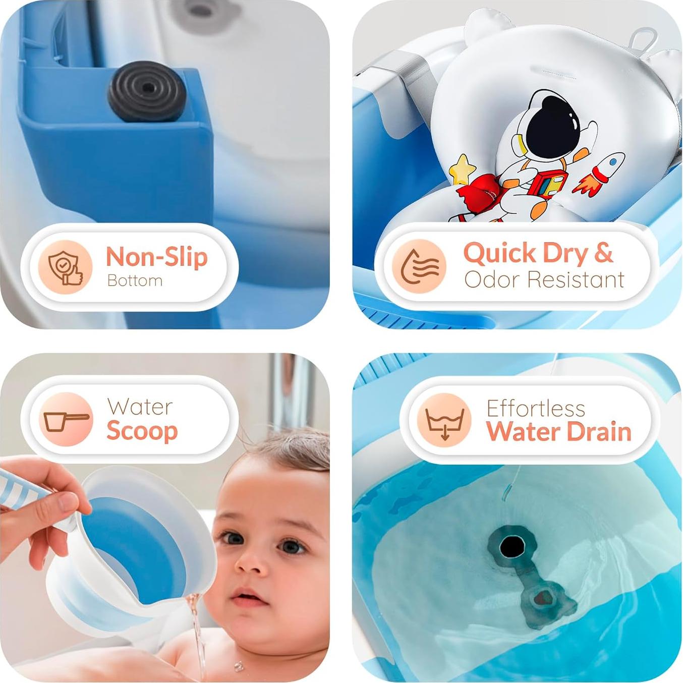 Bañera Plegable para Bebés Azul con Termómetro y Drenaje