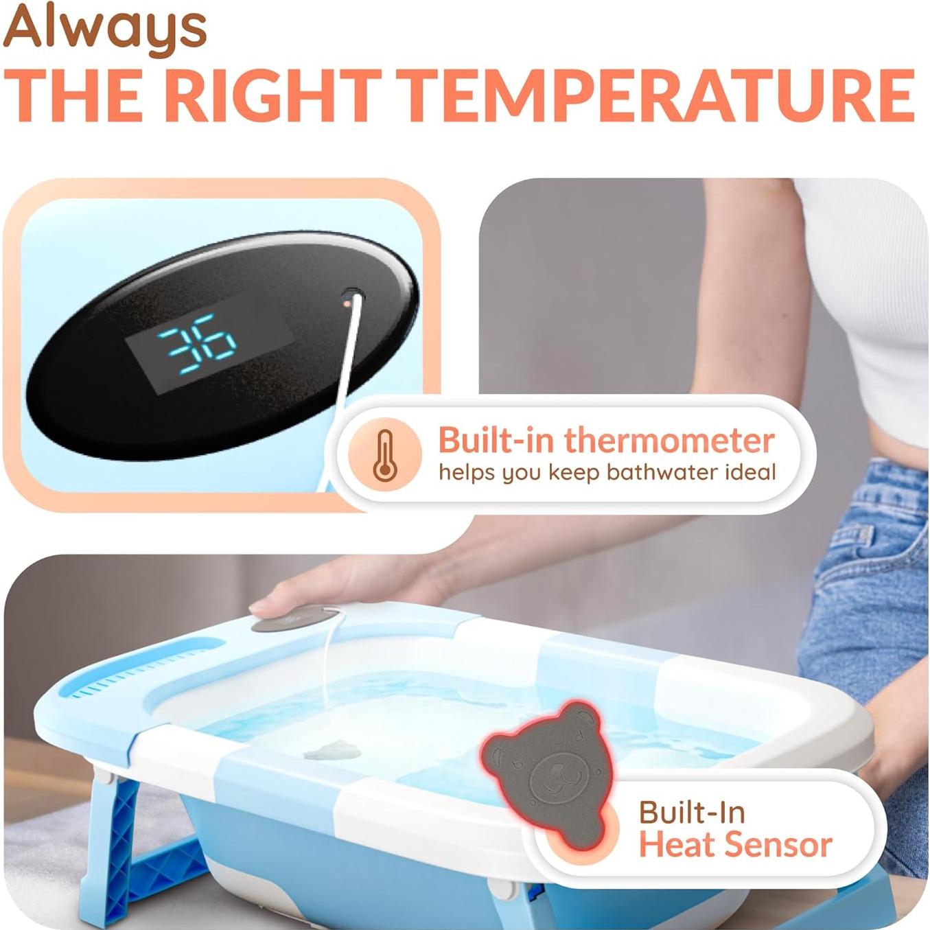 Bañera Plegable para Bebés Azul con Termómetro y Drenaje