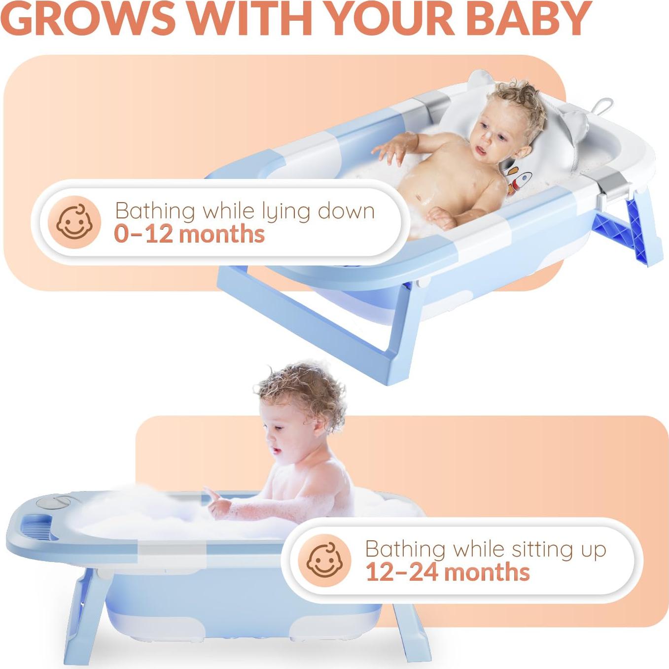 Bañera Plegable para Bebés Azul con Termómetro y Drenaje