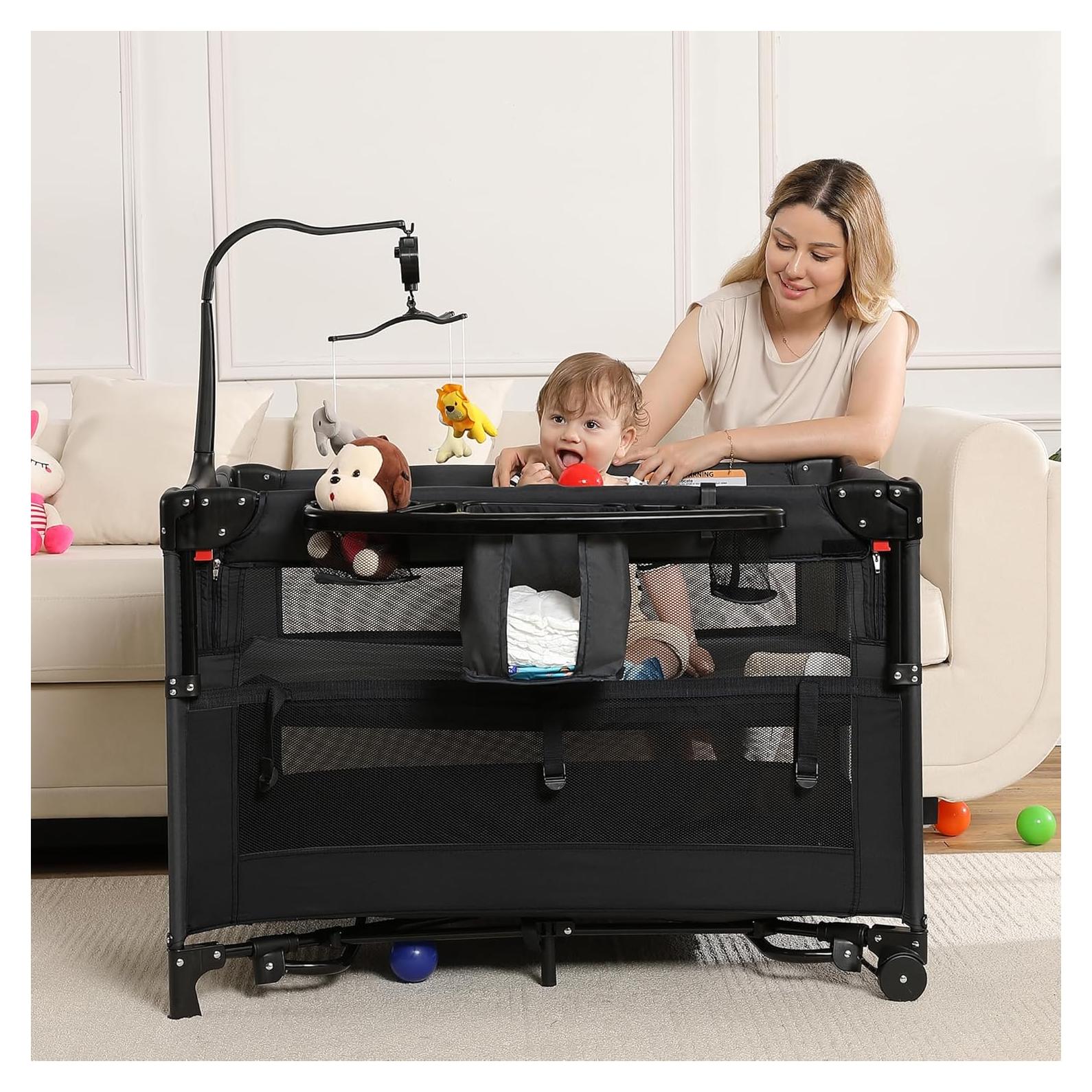 Cuna de Viaje Portátil Jekeu 5 en 1 Negra - Parque Infantil Plegable