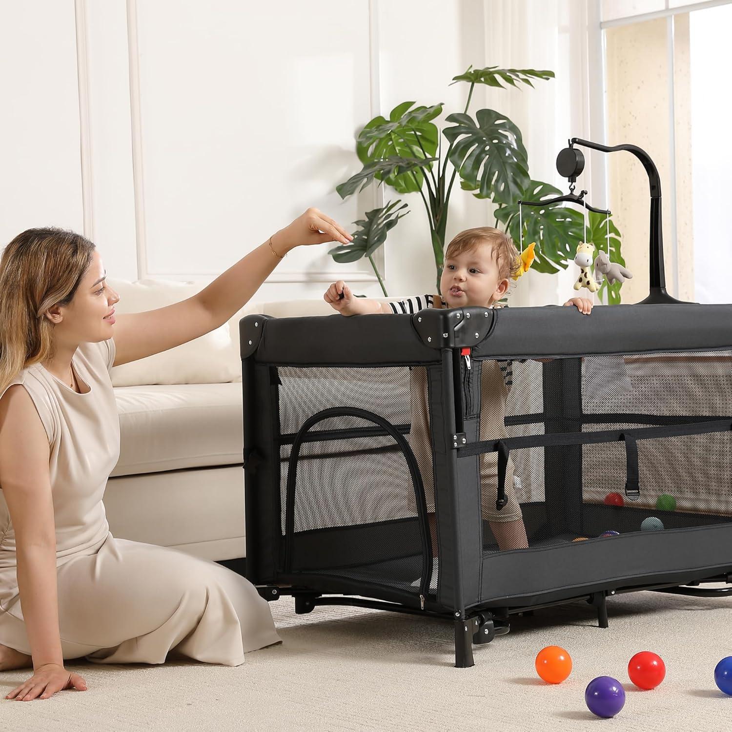 Cuna de Viaje Portátil Jekeu 5 en 1 Negra - Parque Infantil Plegable