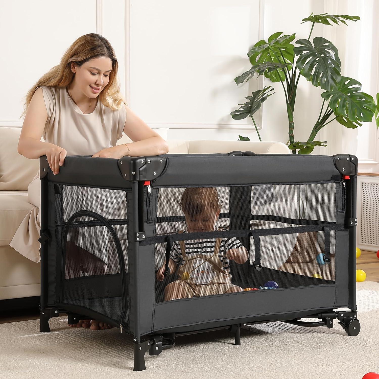 Cuna de Viaje Portátil Jekeu 5 en 1 Negra - Parque Infantil Plegable